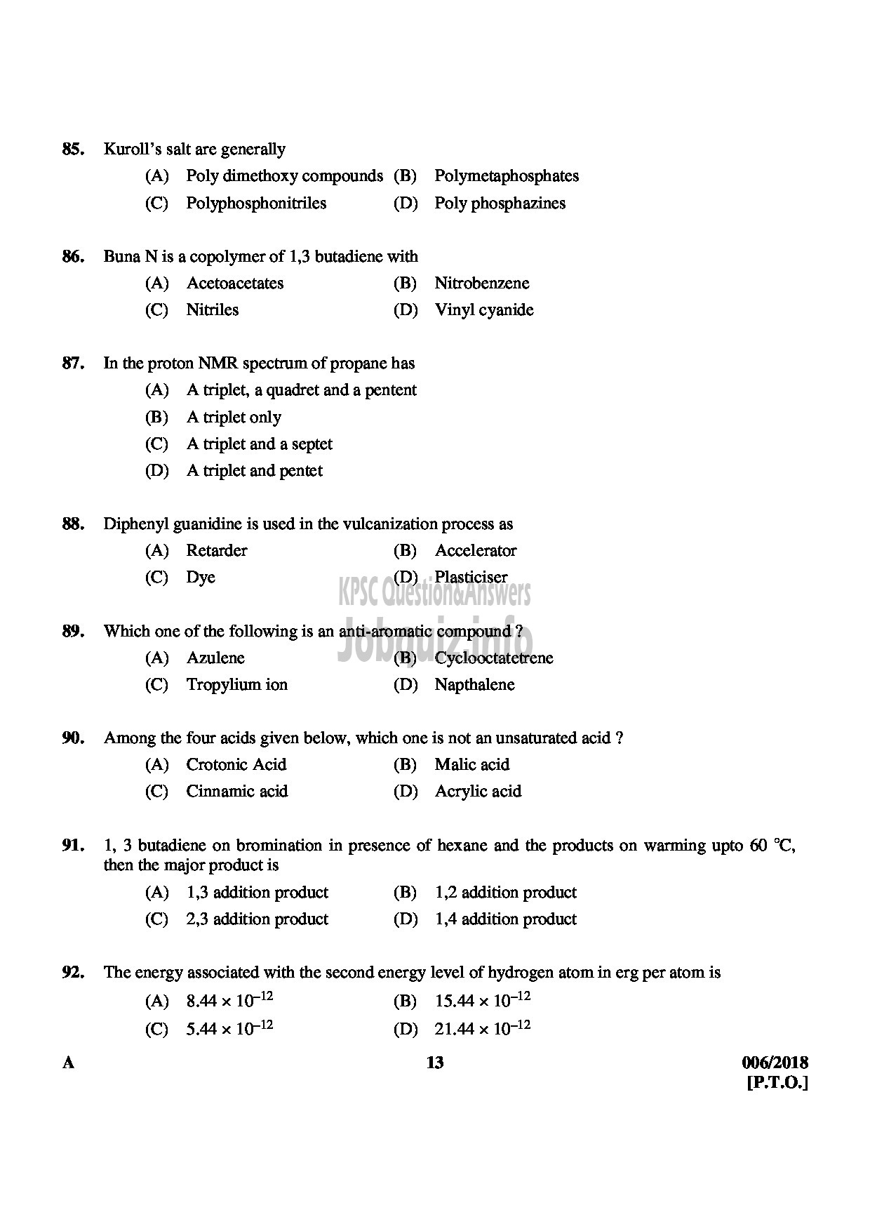 Kerala PSC Question Paper - TECHNICAL ASSISTANT GR II GOVERNMENT ANALYSTS LABORATORY FOOD SAFETY DEPT QUESTION PAPER-13