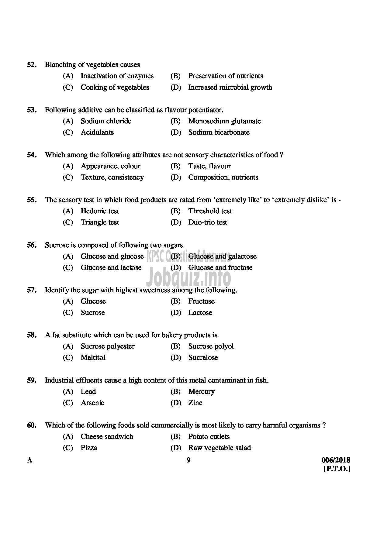 Kerala PSC Question Paper - TECHNICAL ASSISTANT GR II GOVERNMENT ANALYSTS LABORATORY FOOD SAFETY DEPT QUESTION PAPER-9