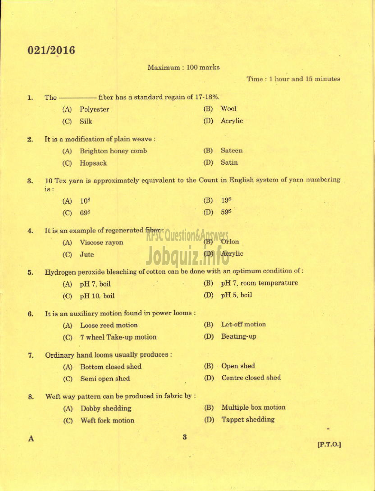 Kerala PSC Question Paper - TECHNICAL SUPERVISORS KSHWCS LTD HANTEX-1