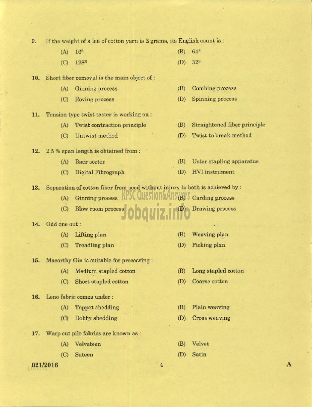 Kerala PSC Question Paper - TECHNICAL SUPERVISORS KSHWCS LTD HANTEX-2