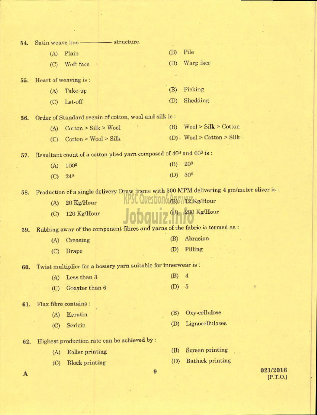 Kerala PSC Question Paper - TECHNICAL SUPERVISORS KSHWCS LTD HANTEX-7