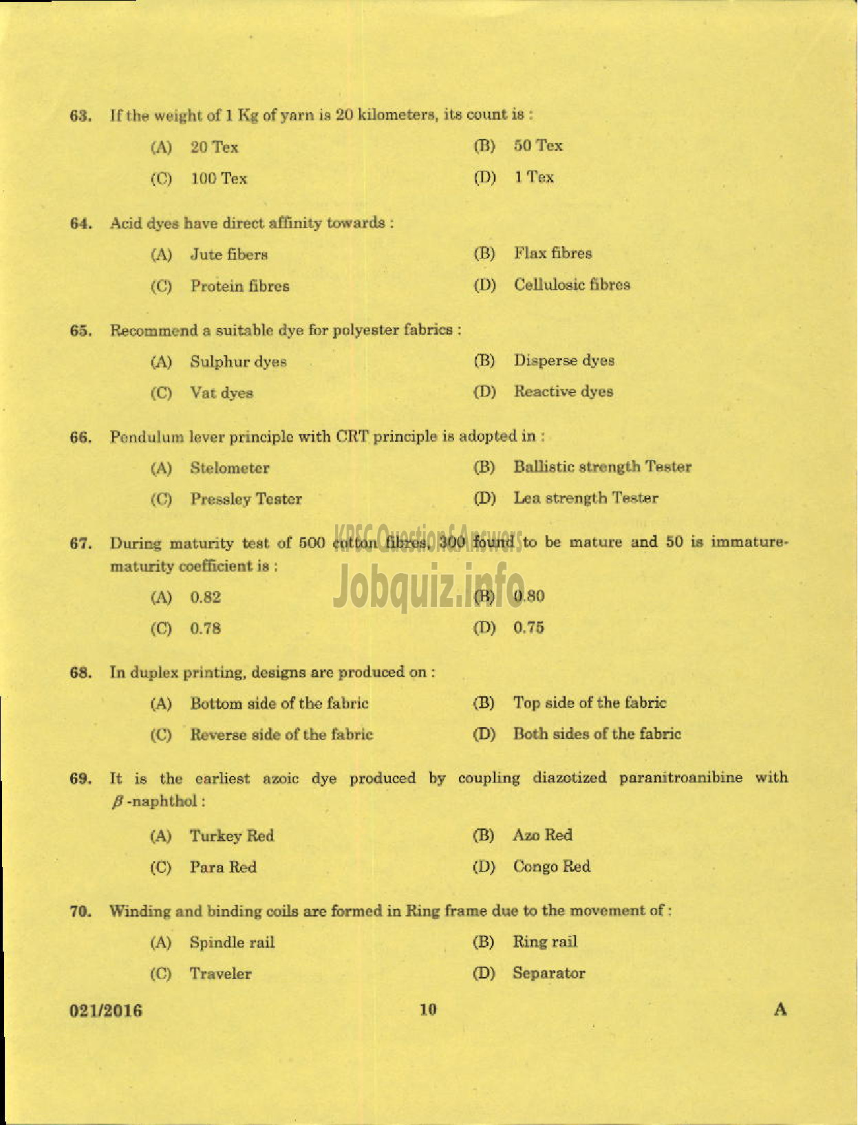 Kerala PSC Question Paper - TECHNICAL SUPERVISORS KSHWCS LTD HANTEX-8