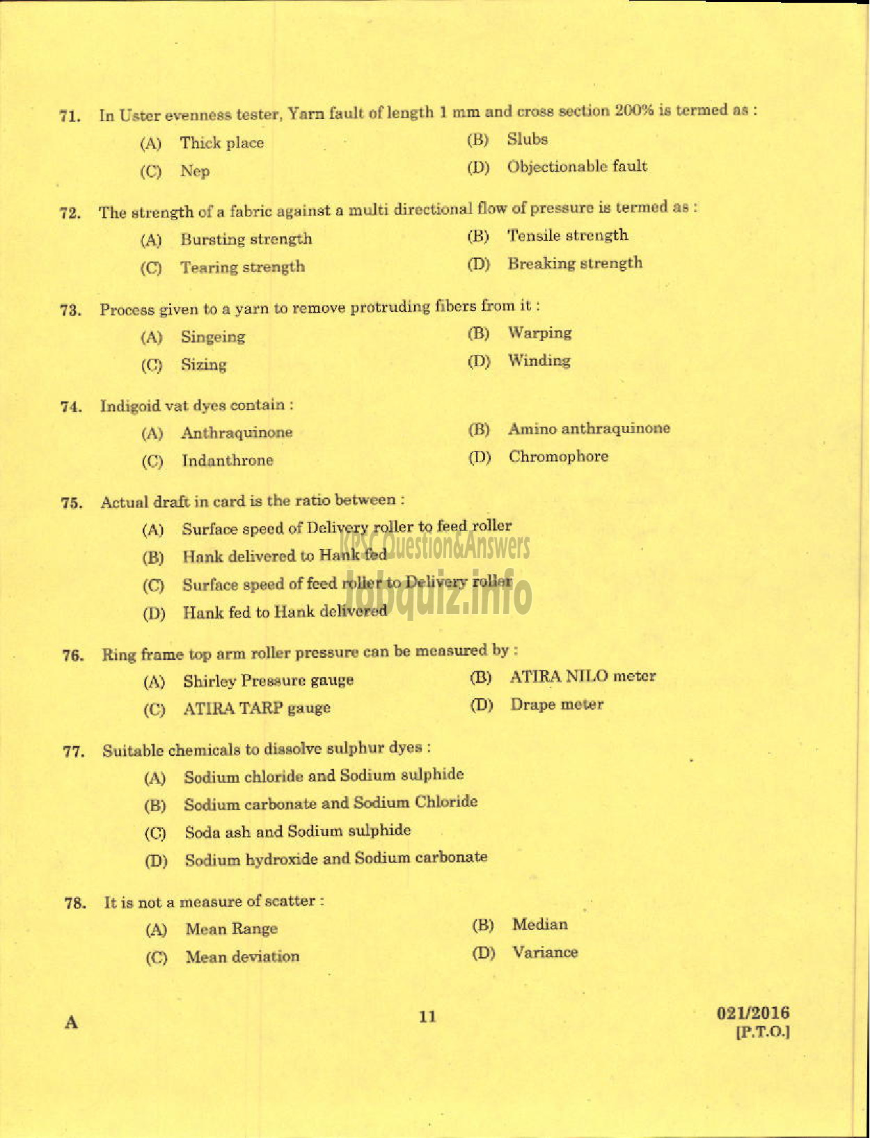 Kerala PSC Question Paper - TECHNICAL SUPERVISORS KSHWCS LTD HANTEX-9