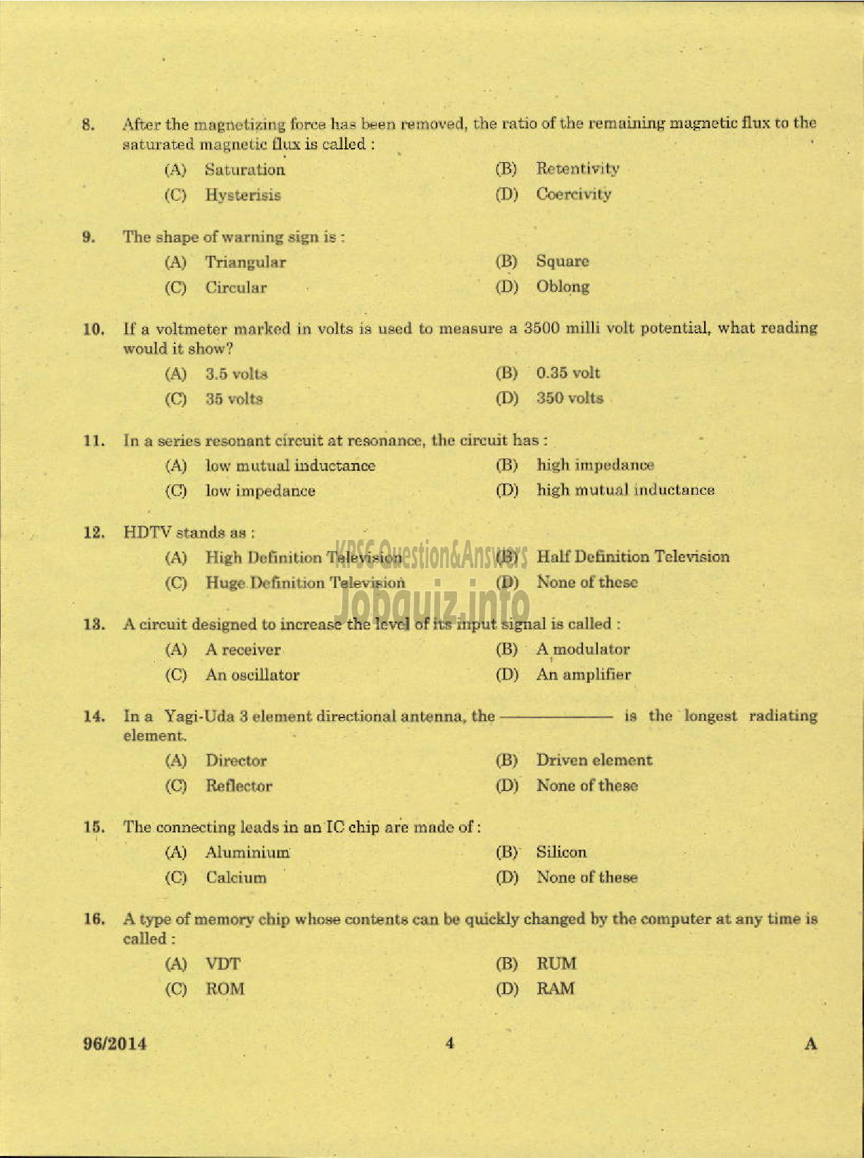 Kerala PSC Question Paper - TECHNICIAN GRADE II ELECTRONICS KERALA CO OPERATIVE MILK MARKETING FEDERATION-2