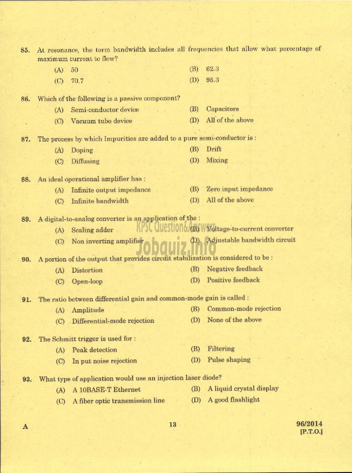 Kerala PSC Question Paper - TECHNICIAN GRADE II ELECTRONICS KERALA CO OPERATIVE MILK MARKETING FEDERATION-11