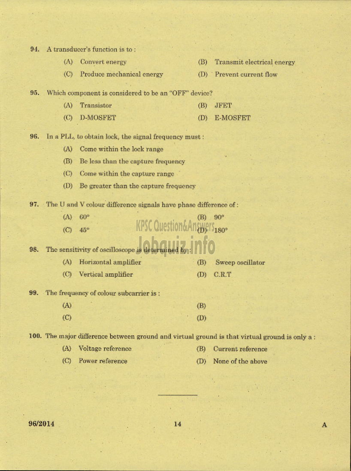 Kerala PSC Question Paper - TECHNICIAN GRADE II ELECTRONICS KERALA CO OPERATIVE MILK MARKETING FEDERATION-12