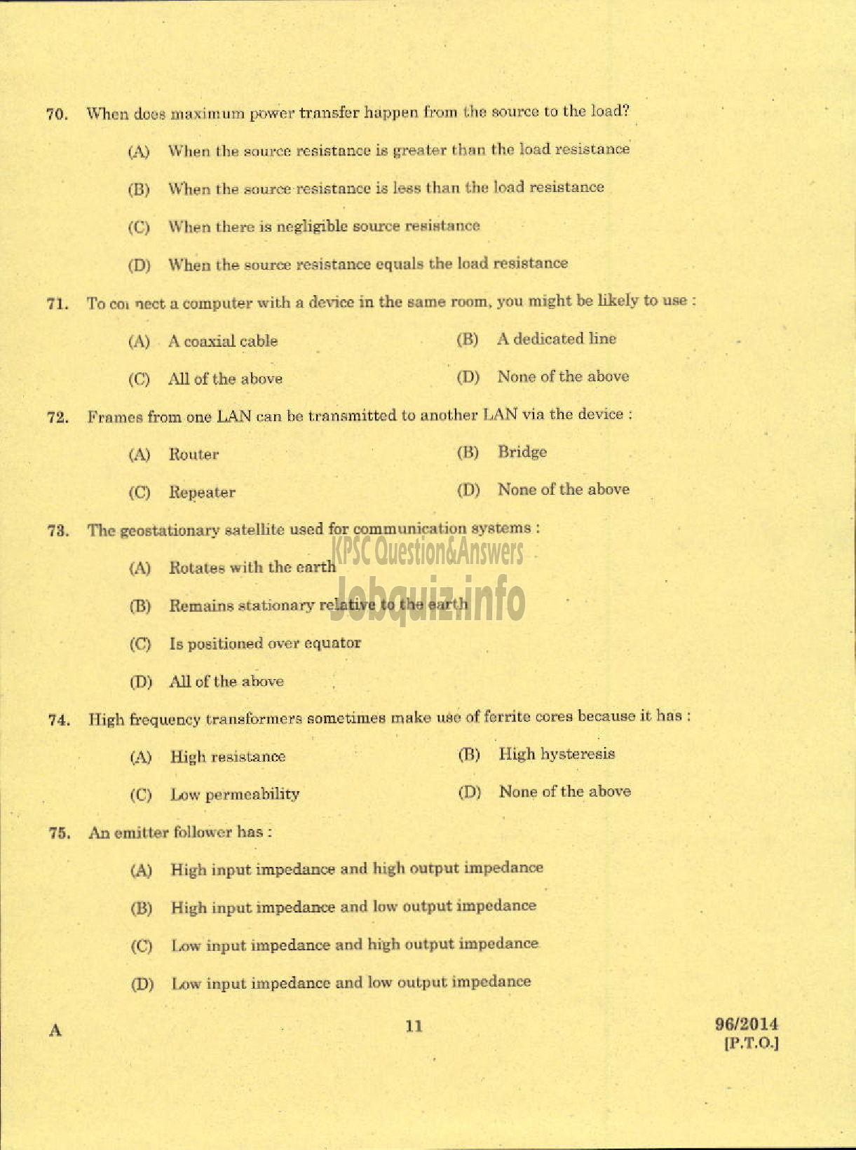 Kerala PSC Question Paper - TECHNICIAN GRADE II ELECTRONICS KERALA CO OPERATIVE MILK MARKETING FEDERATION-9