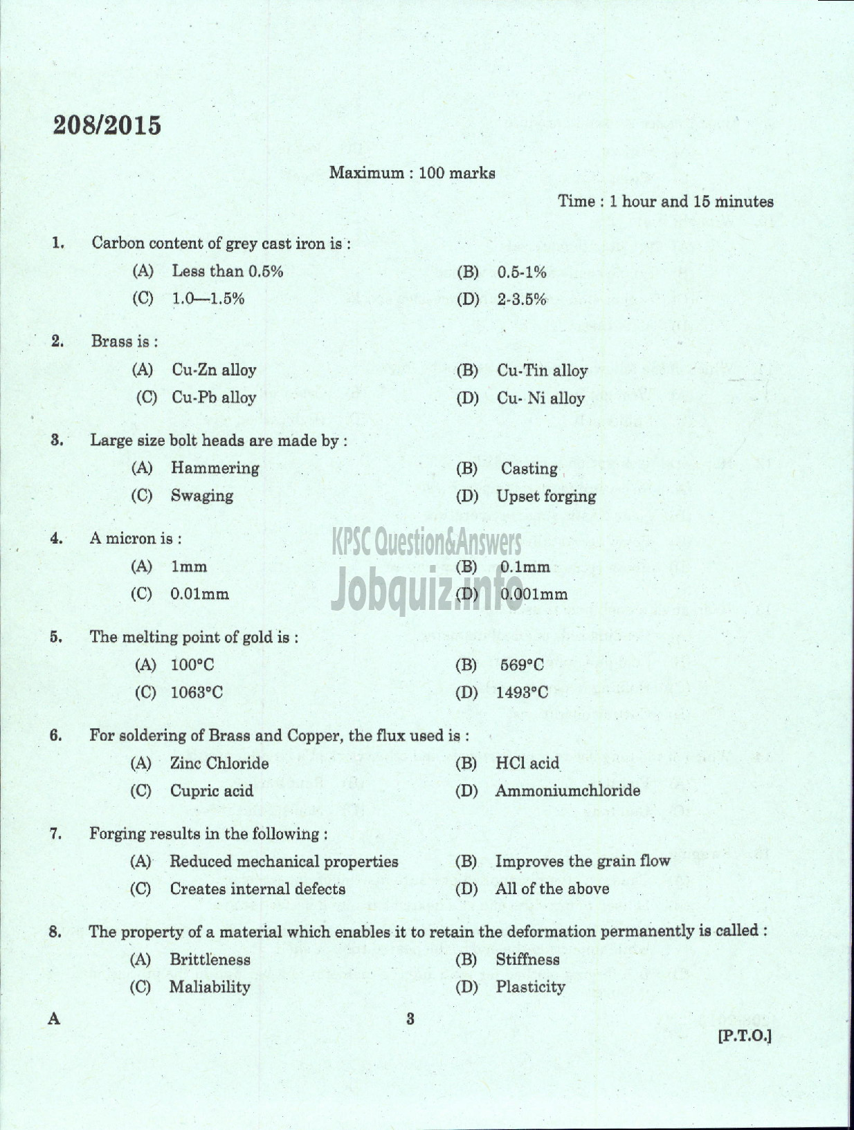 Kerala PSC Question Paper - TECHNICIAN GR II BLACKSMITH CUM WELDER KCMMF LIMITED-1