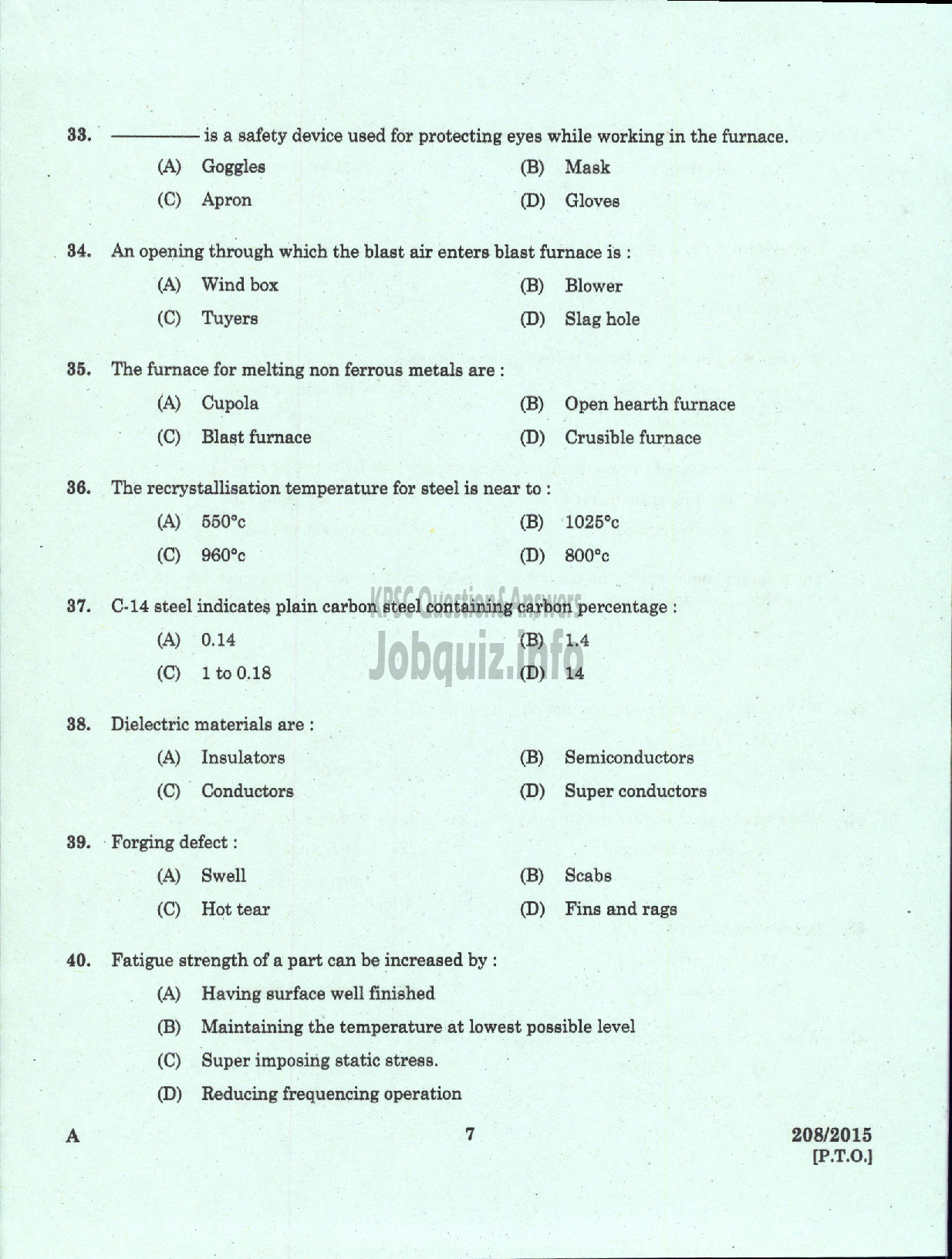 Kerala PSC Question Paper - TECHNICIAN GR II BLACKSMITH CUM WELDER KCMMF LIMITED-5