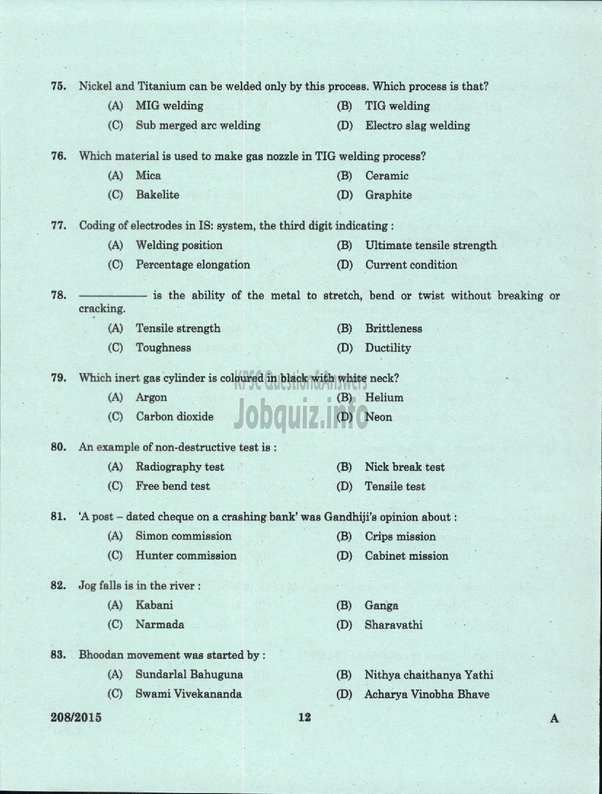 Kerala PSC Question Paper - TECHNICIAN GR II BLACKSMITH CUM WELDER KCMMF LIMITED-10