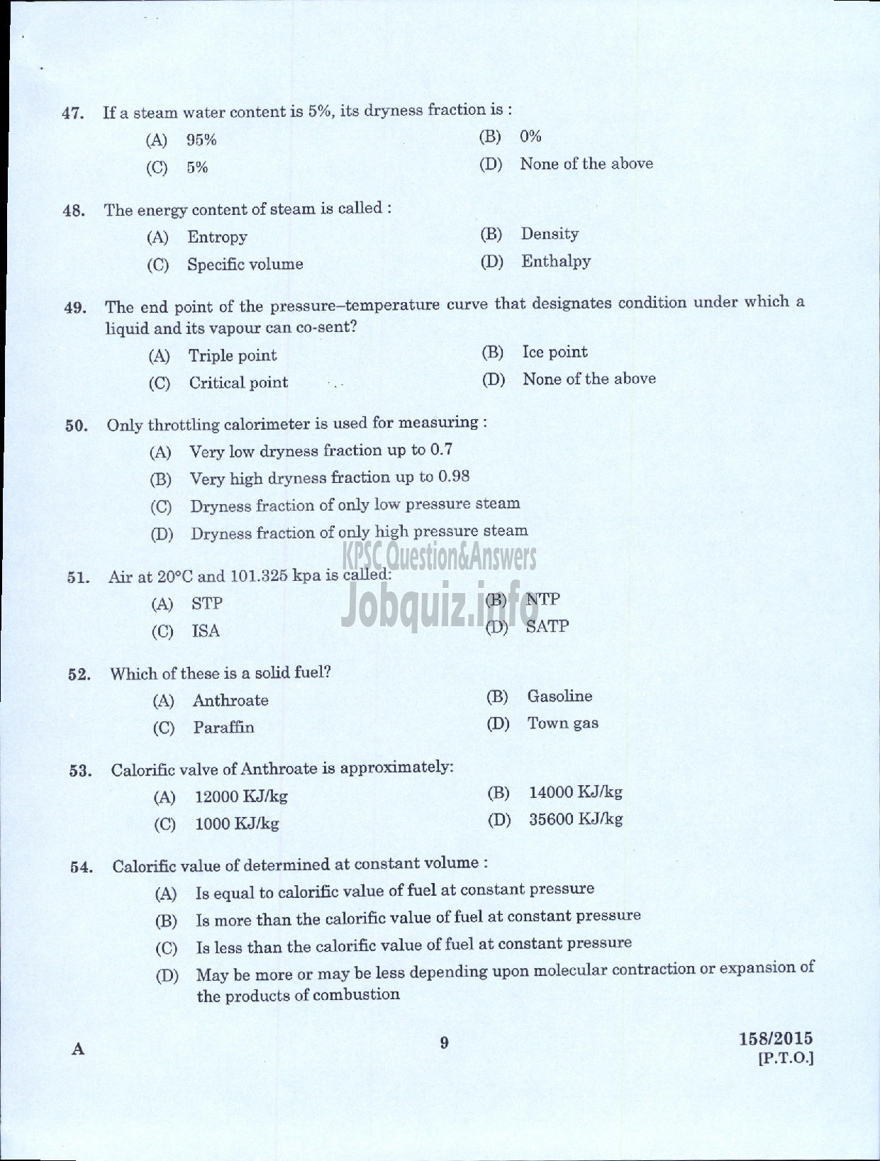 Kerala PSC Question Paper - TECHNICIAN GR II BOILER OPERATOR PART I KCMMF LTD-7