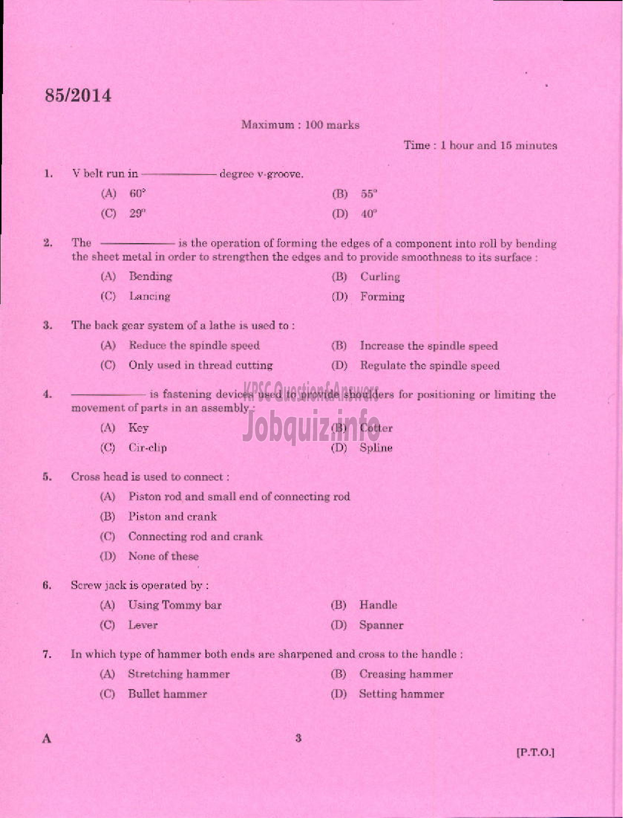 Kerala PSC Question Paper - TECHNICIAN GR II GENERAL MECHANIC GENERAL SOCIETY CATEGORY KCMMF LTD-1