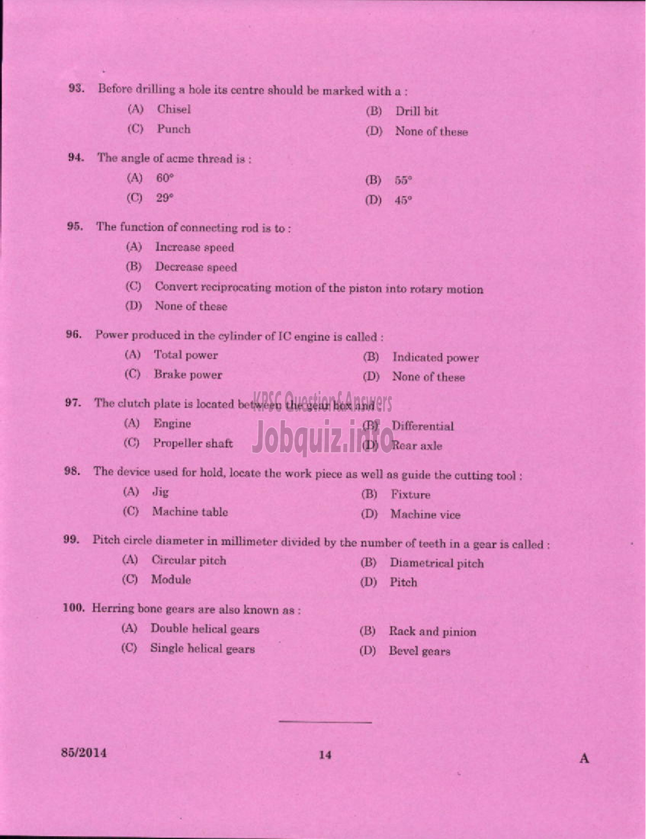 Kerala PSC Question Paper - TECHNICIAN GR II GENERAL MECHANIC GENERAL SOCIETY CATEGORY KCMMF LTD-12