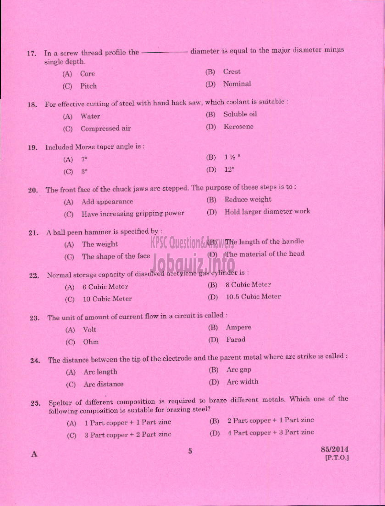Kerala PSC Question Paper - TECHNICIAN GR II GENERAL MECHANIC GENERAL SOCIETY CATEGORY KCMMF LTD-3