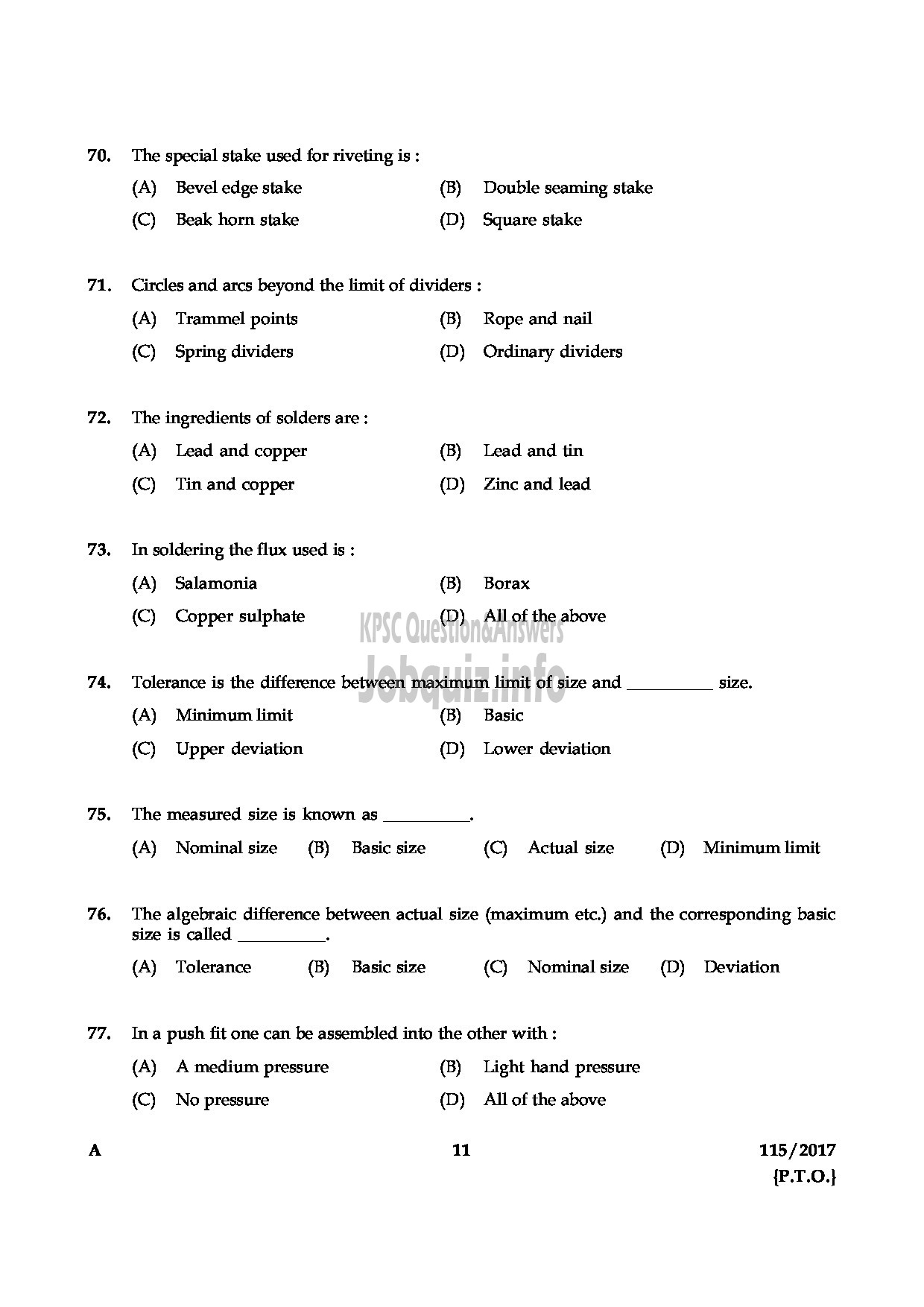 Kerala PSC Question Paper - TECHNICIAN GR II GENERAL MECHANIC KERALA CO OPERATIVE MILK MARKETING FEDERATION LTD-11