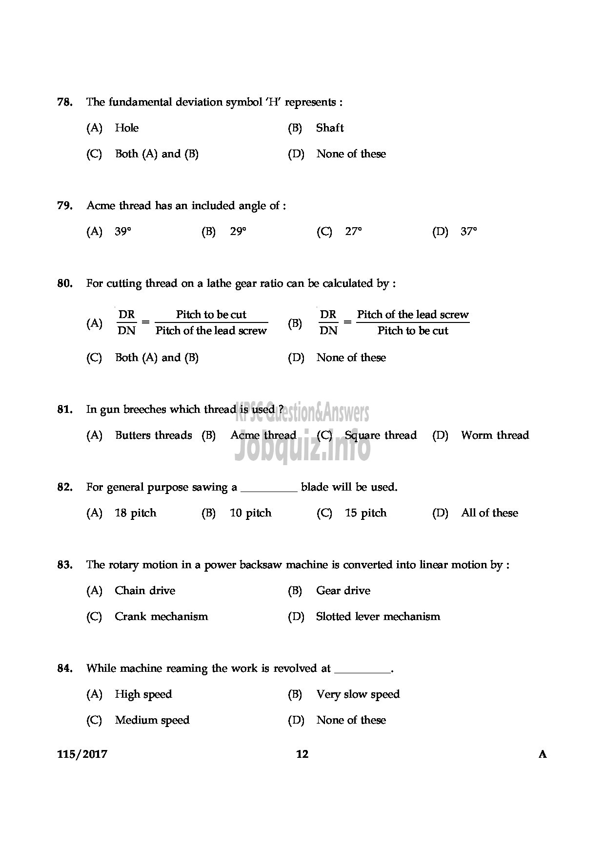Kerala PSC Question Paper - TECHNICIAN GR II GENERAL MECHANIC KERALA CO OPERATIVE MILK MARKETING FEDERATION LTD-12