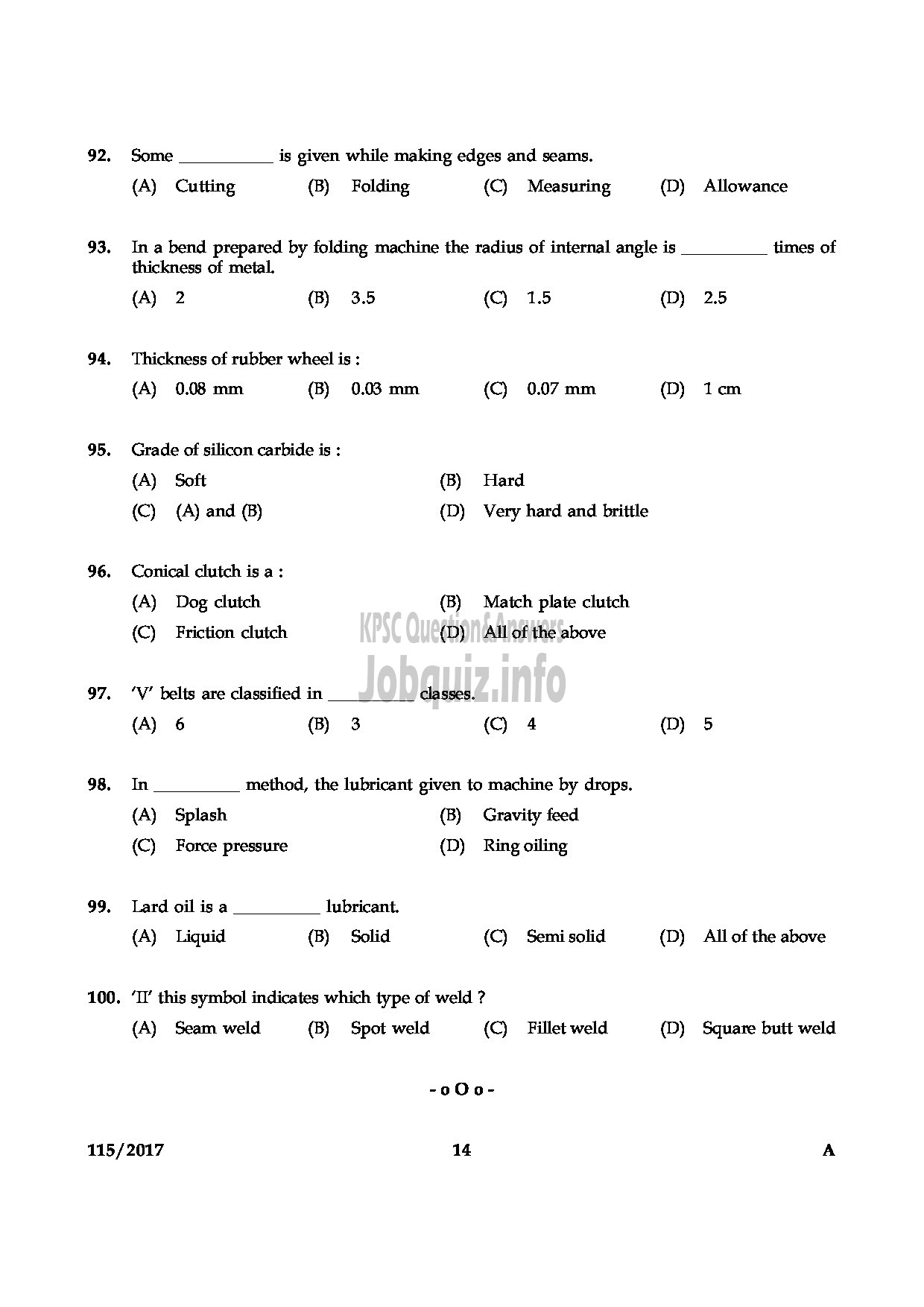 Kerala PSC Question Paper - TECHNICIAN GR II GENERAL MECHANIC KERALA CO OPERATIVE MILK MARKETING FEDERATION LTD-14