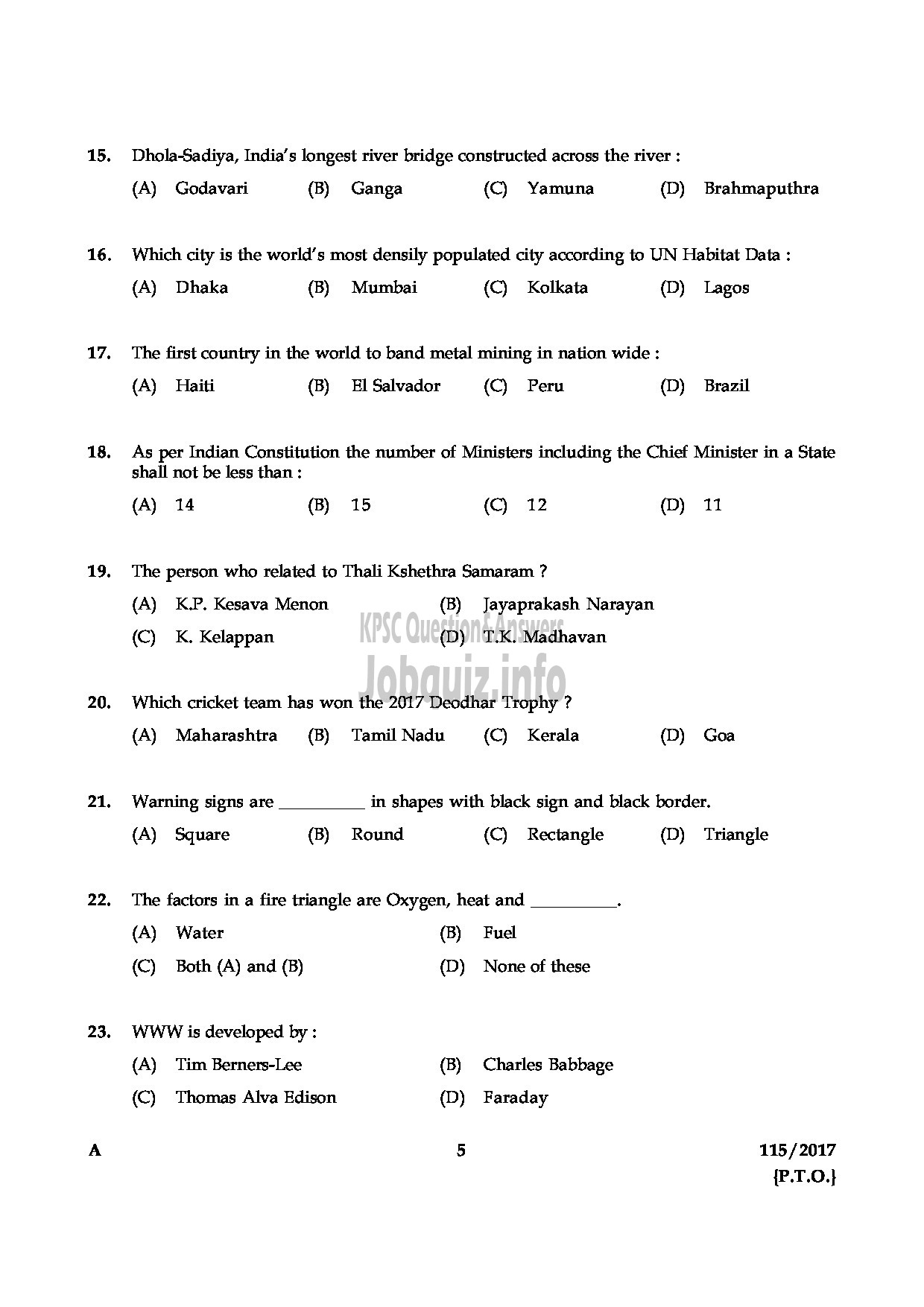 Kerala PSC Question Paper - TECHNICIAN GR II GENERAL MECHANIC KERALA CO OPERATIVE MILK MARKETING FEDERATION LTD-5