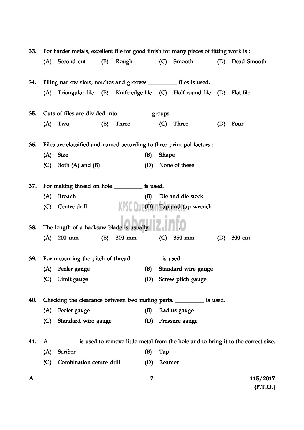 Kerala PSC Question Paper - TECHNICIAN GR II GENERAL MECHANIC KERALA CO OPERATIVE MILK MARKETING FEDERATION LTD-7