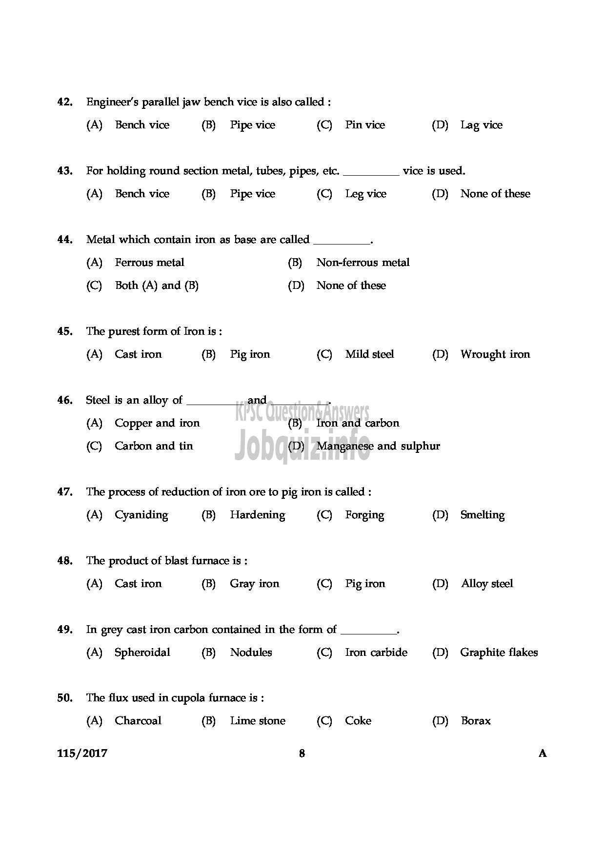 Kerala PSC Question Paper - TECHNICIAN GR II GENERAL MECHANIC KERALA CO OPERATIVE MILK MARKETING FEDERATION LTD-8