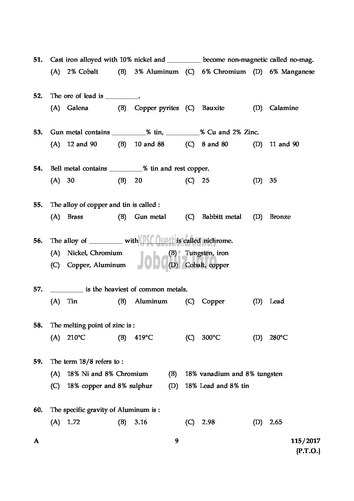 Kerala PSC Question Paper - TECHNICIAN GR II GENERAL MECHANIC KERALA CO OPERATIVE MILK MARKETING FEDERATION LTD-9