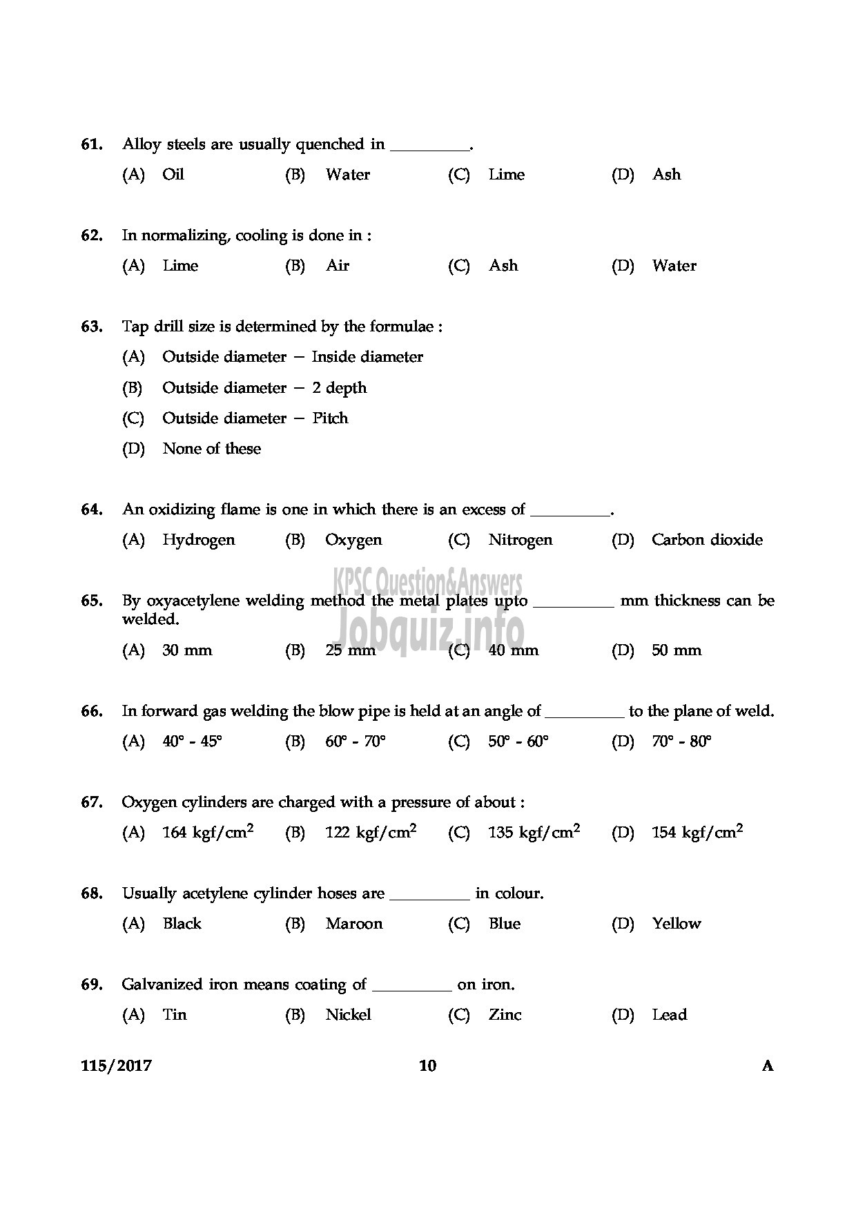 Kerala PSC Question Paper - TECHNICIAN GR II GENERAL MECHANIC KERALA CO OPERATIVE MILK MARKETING FEDERATION LTD-10