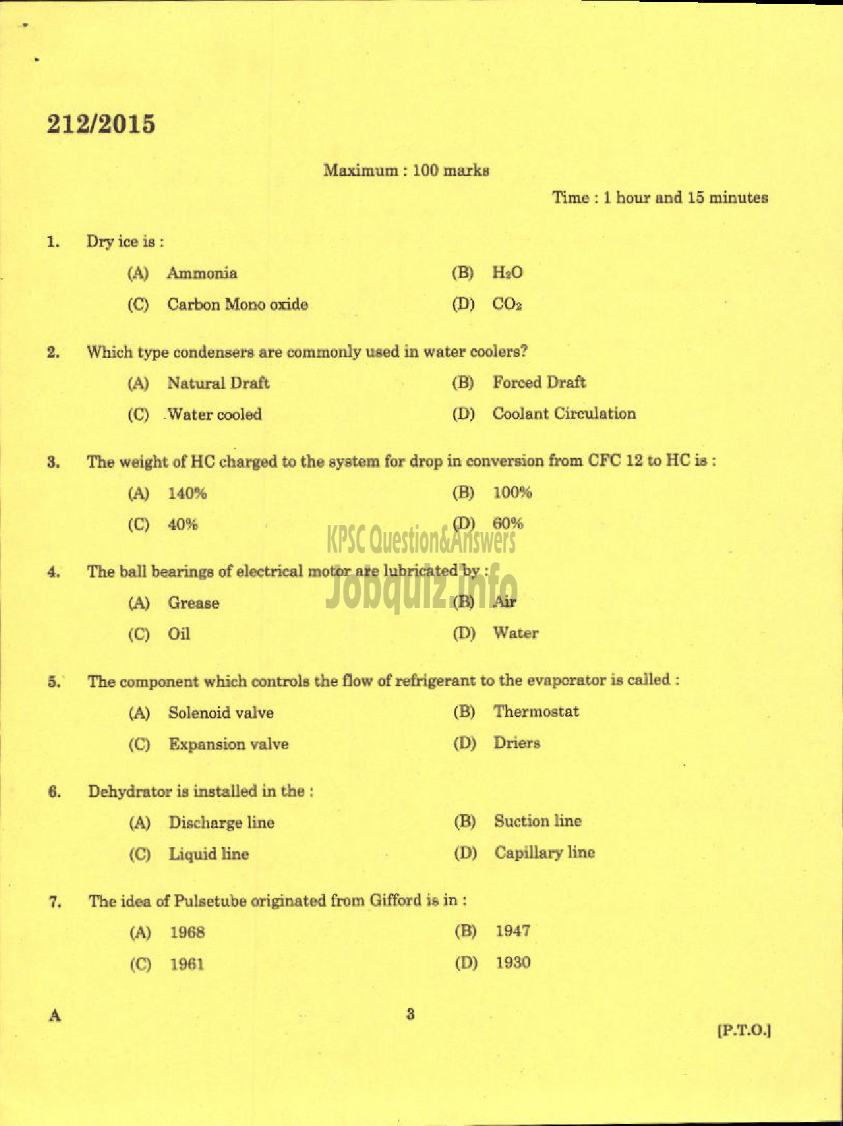 Kerala PSC Question Paper - TECHNICIAN GR II REFRIGERATION MECHANIC KCMMF LTD-1