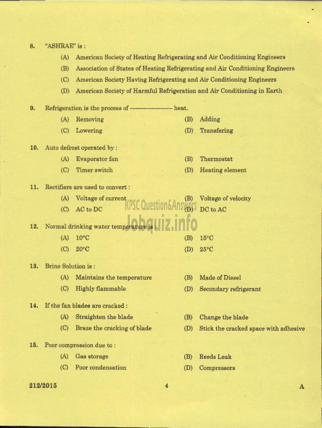 Kerala PSC Question Paper - TECHNICIAN GR II REFRIGERATION MECHANIC KCMMF LTD-2