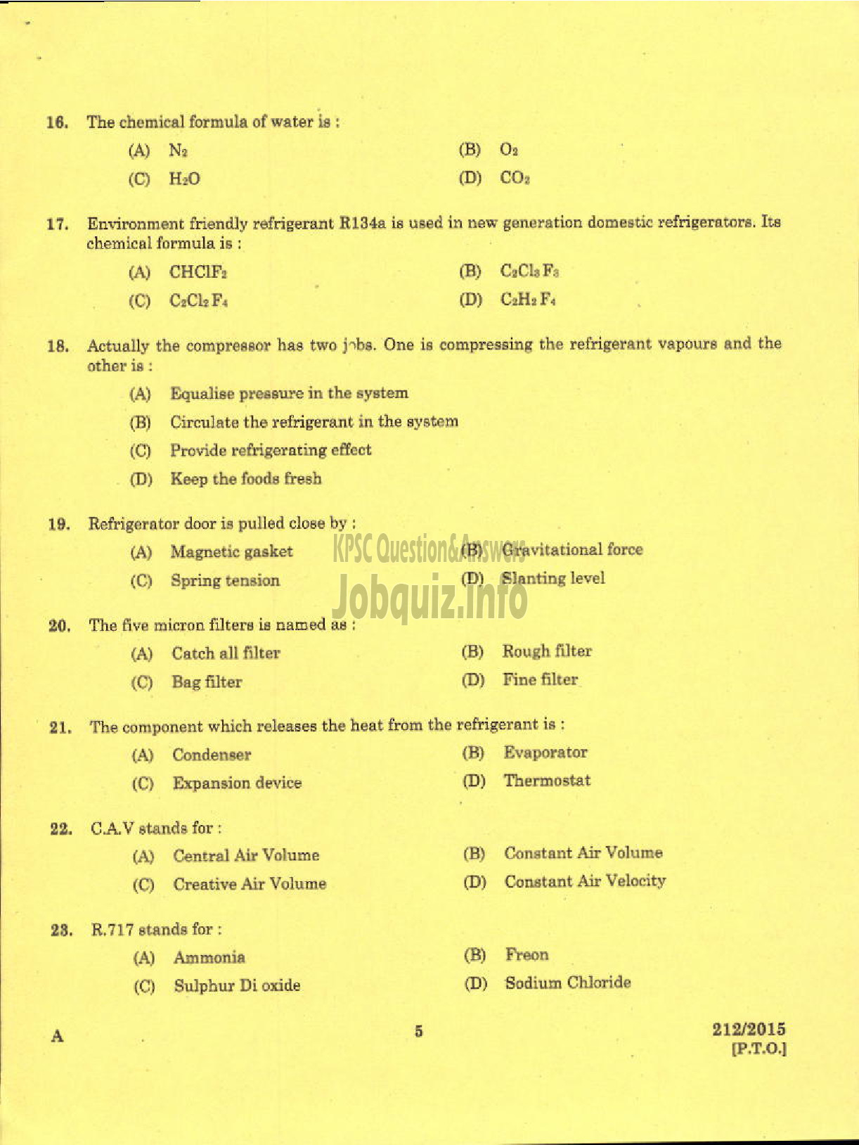 Kerala PSC Question Paper - TECHNICIAN GR II REFRIGERATION MECHANIC KCMMF LTD-3