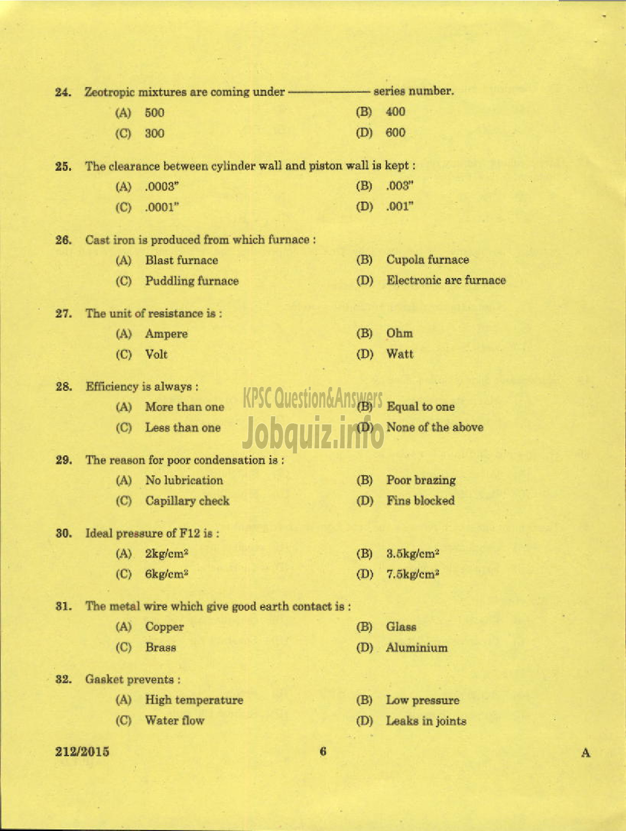 Kerala PSC Question Paper - TECHNICIAN GR II REFRIGERATION MECHANIC KCMMF LTD-4