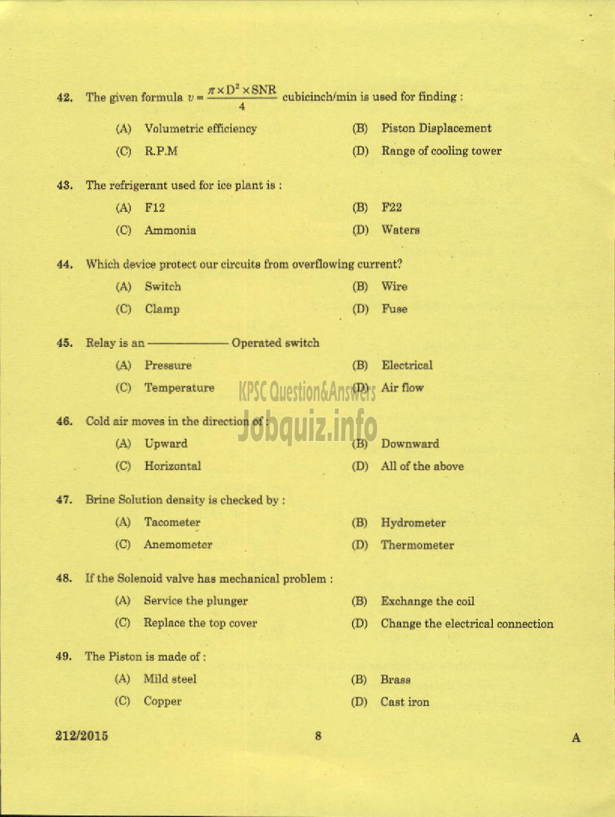 Kerala PSC Question Paper - TECHNICIAN GR II REFRIGERATION MECHANIC KCMMF LTD-6