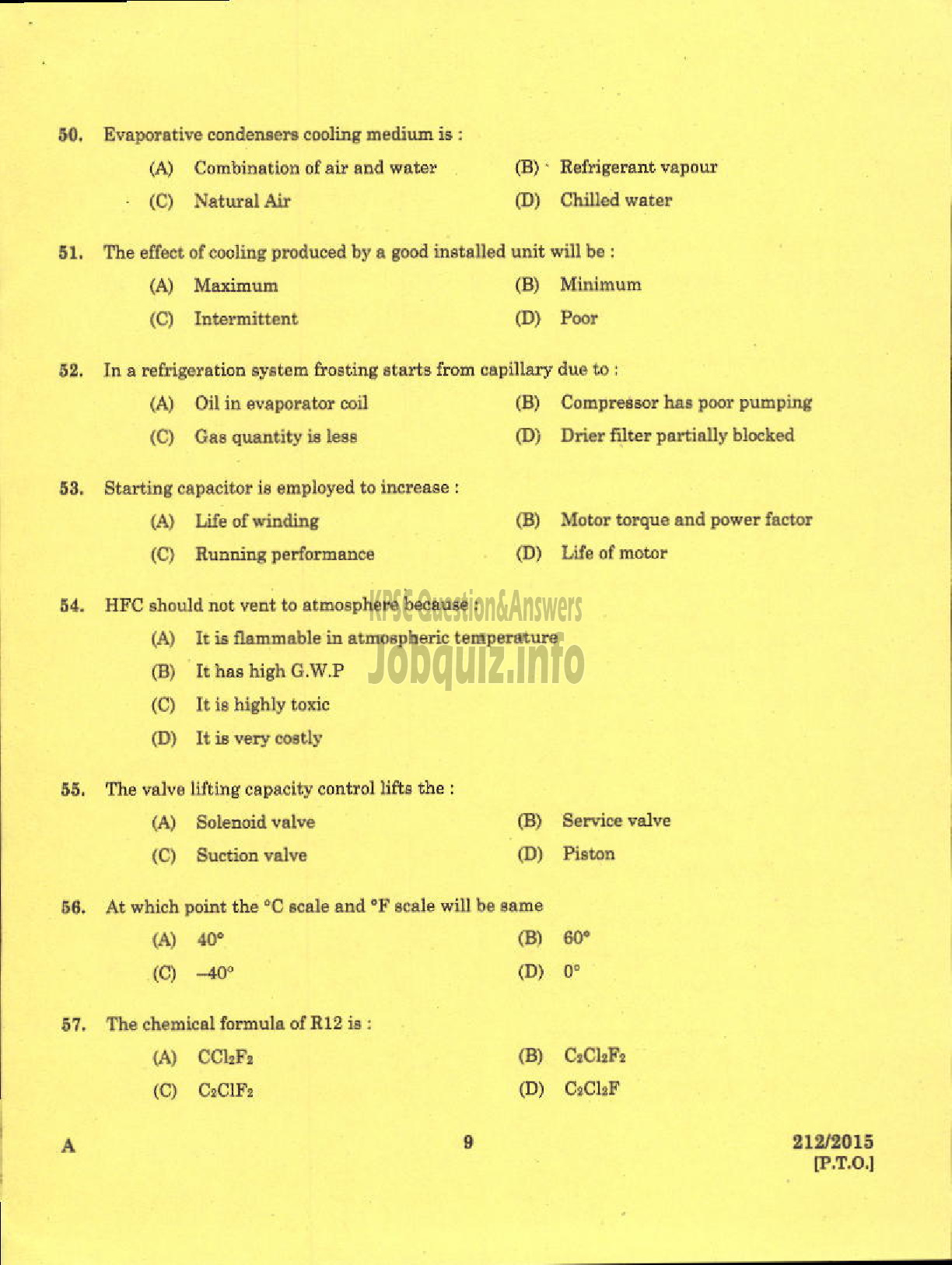 Kerala PSC Question Paper - TECHNICIAN GR II REFRIGERATION MECHANIC KCMMF LTD-7