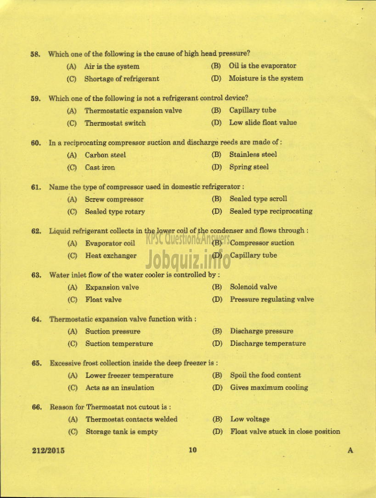 Kerala PSC Question Paper - TECHNICIAN GR II REFRIGERATION MECHANIC KCMMF LTD-8