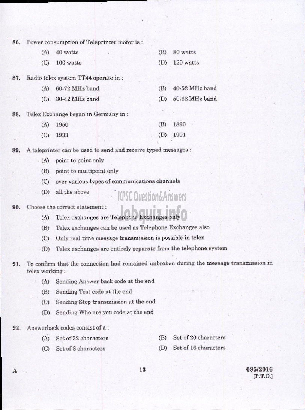Kerala PSC Question Paper - TELEPHONE OPERATOR DCB-11