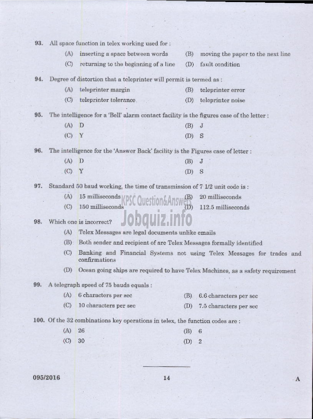 Kerala PSC Question Paper - TELEPHONE OPERATOR DCB-12