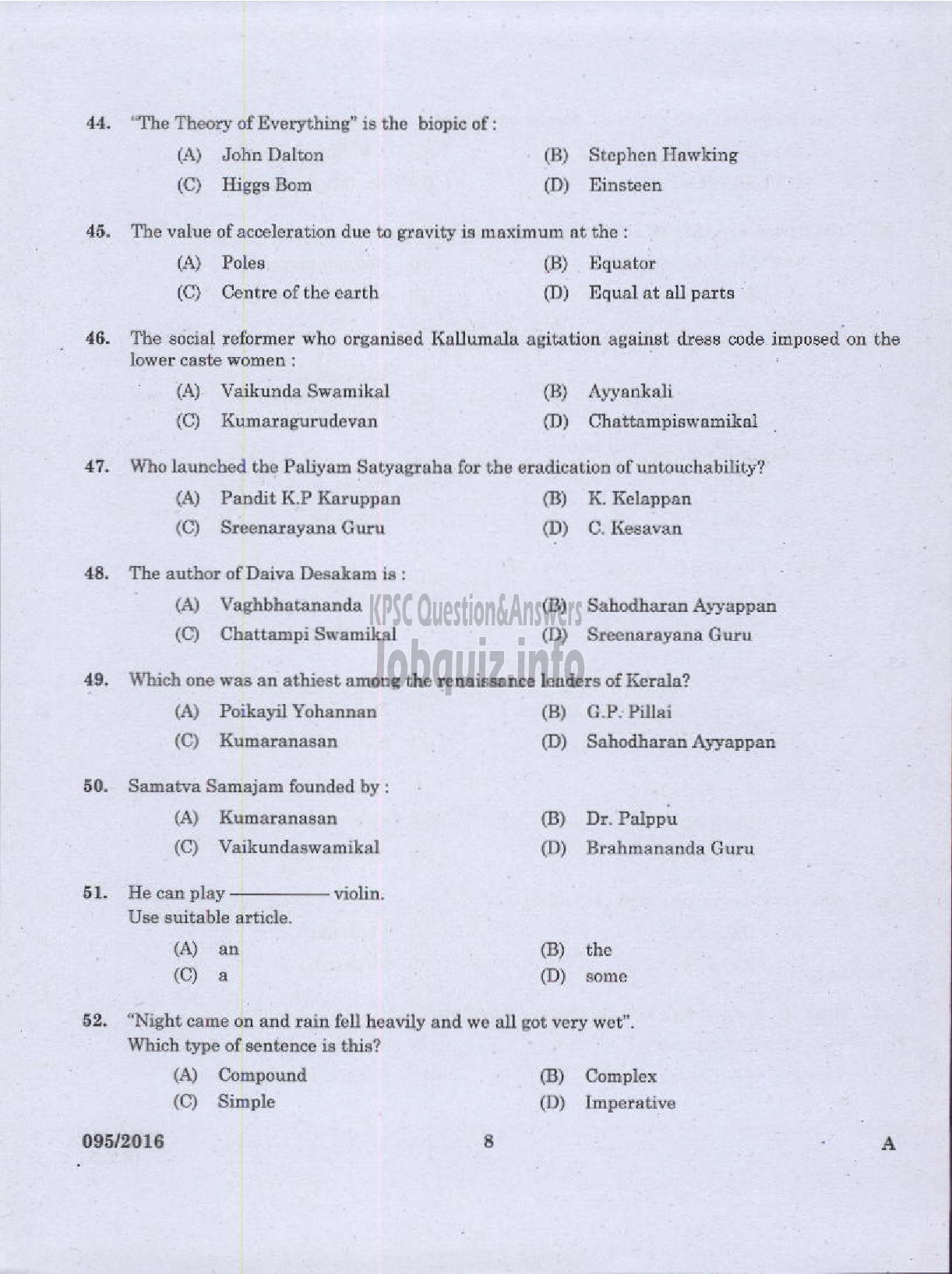 Kerala PSC Question Paper - TELEPHONE OPERATOR DCB-6