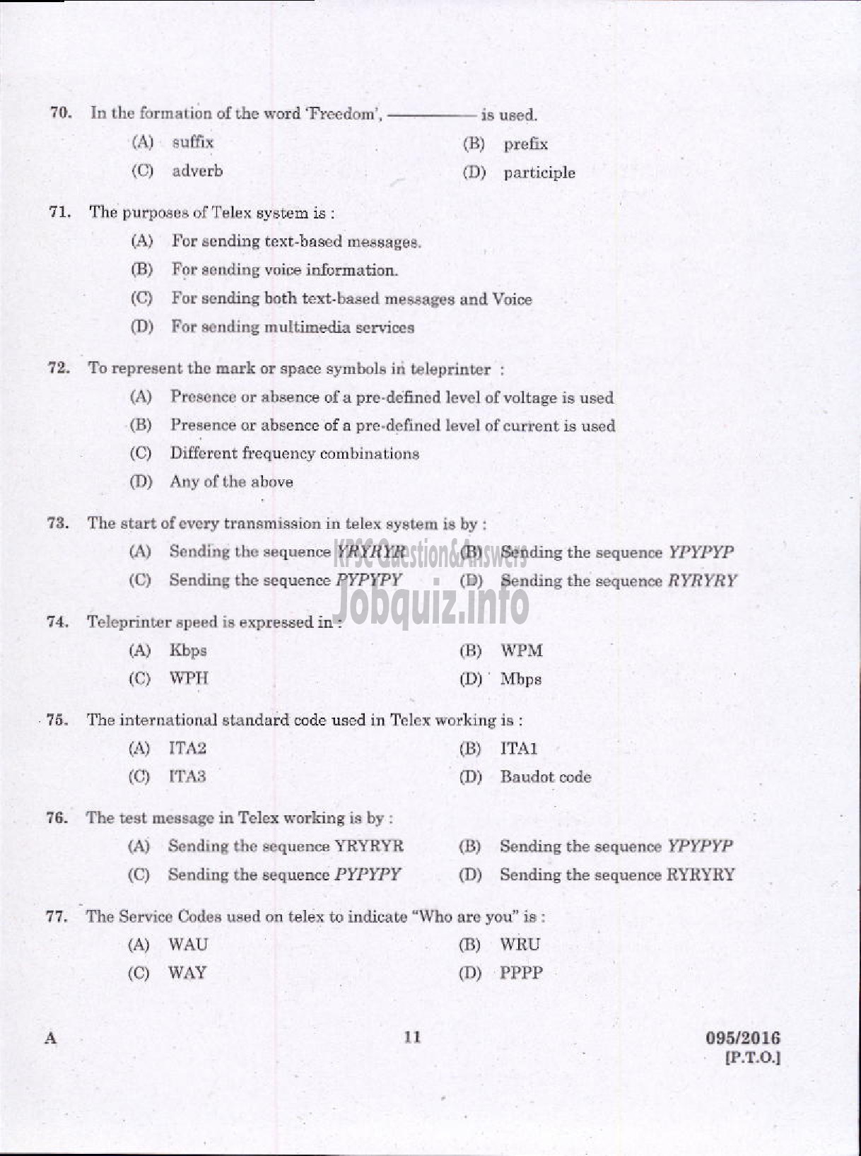 Kerala PSC Question Paper - TELEPHONE OPERATOR DCB-9