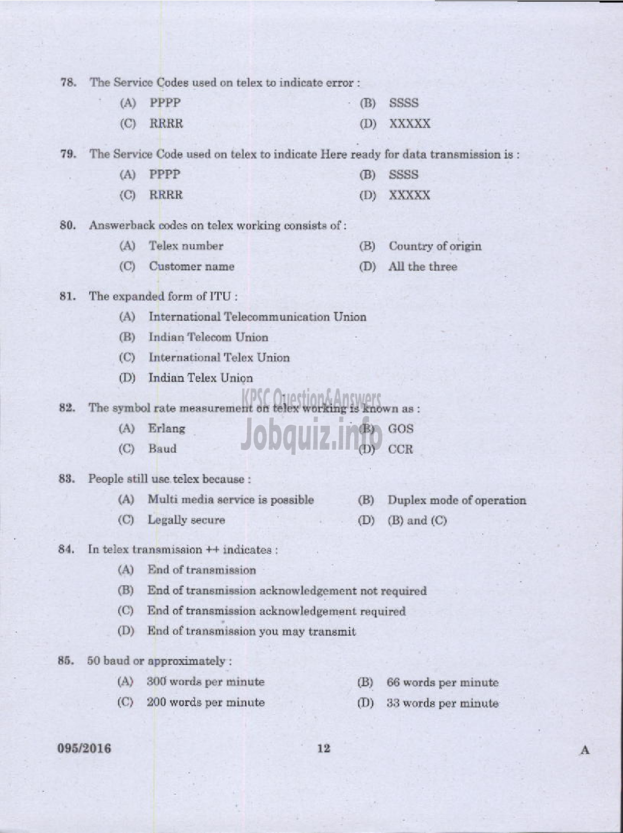 Kerala PSC Question Paper - TELEPHONE OPERATOR DCB-10