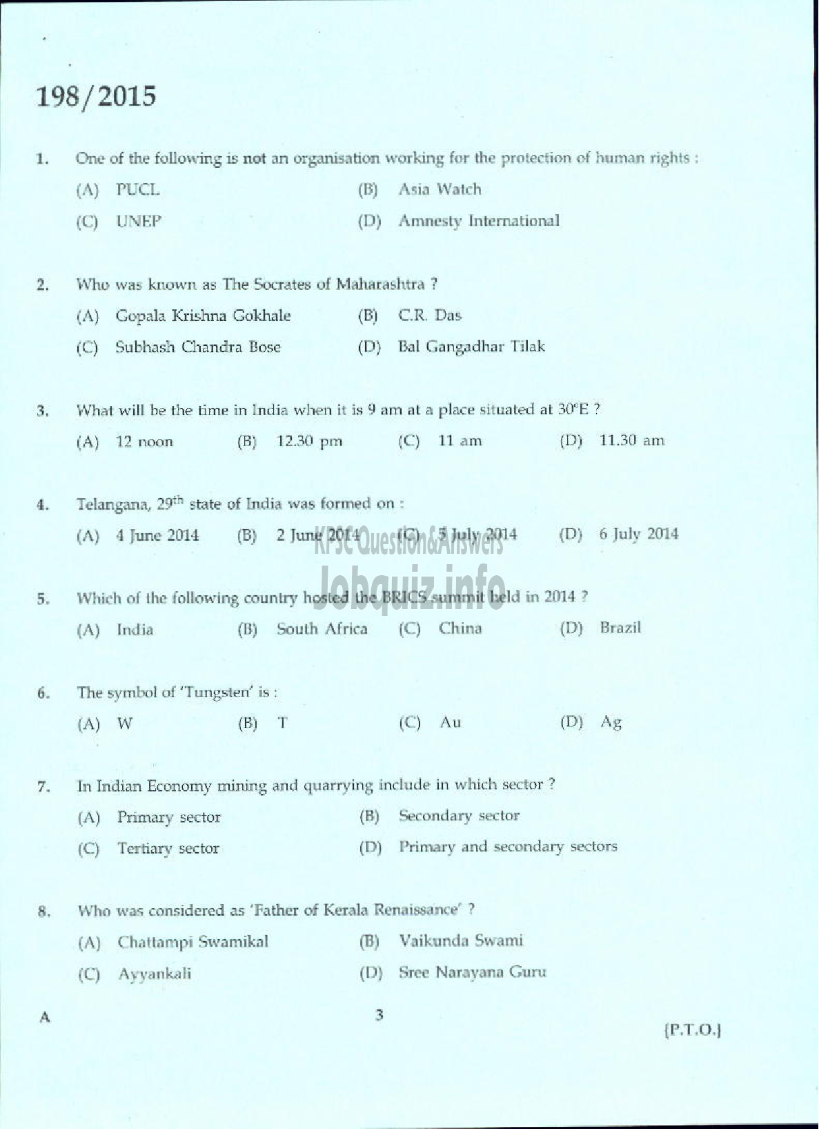Kerala PSC Question Paper - TELEPHONE OPERATOR DCB/MCS-1