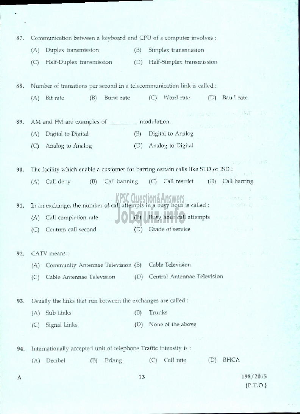 Kerala PSC Question Paper - TELEPHONE OPERATOR DCB/MCS-11
