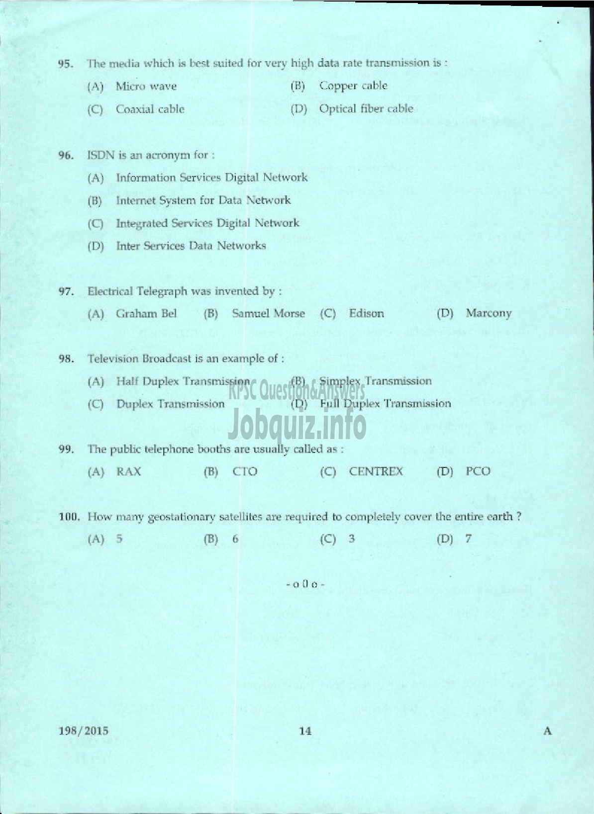 Kerala PSC Question Paper - TELEPHONE OPERATOR DCB/MCS-12
