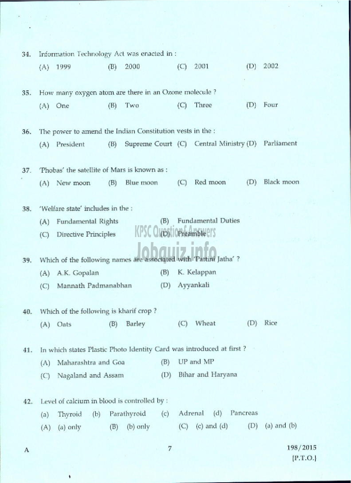 Kerala PSC Question Paper - TELEPHONE OPERATOR DCB/MCS-5