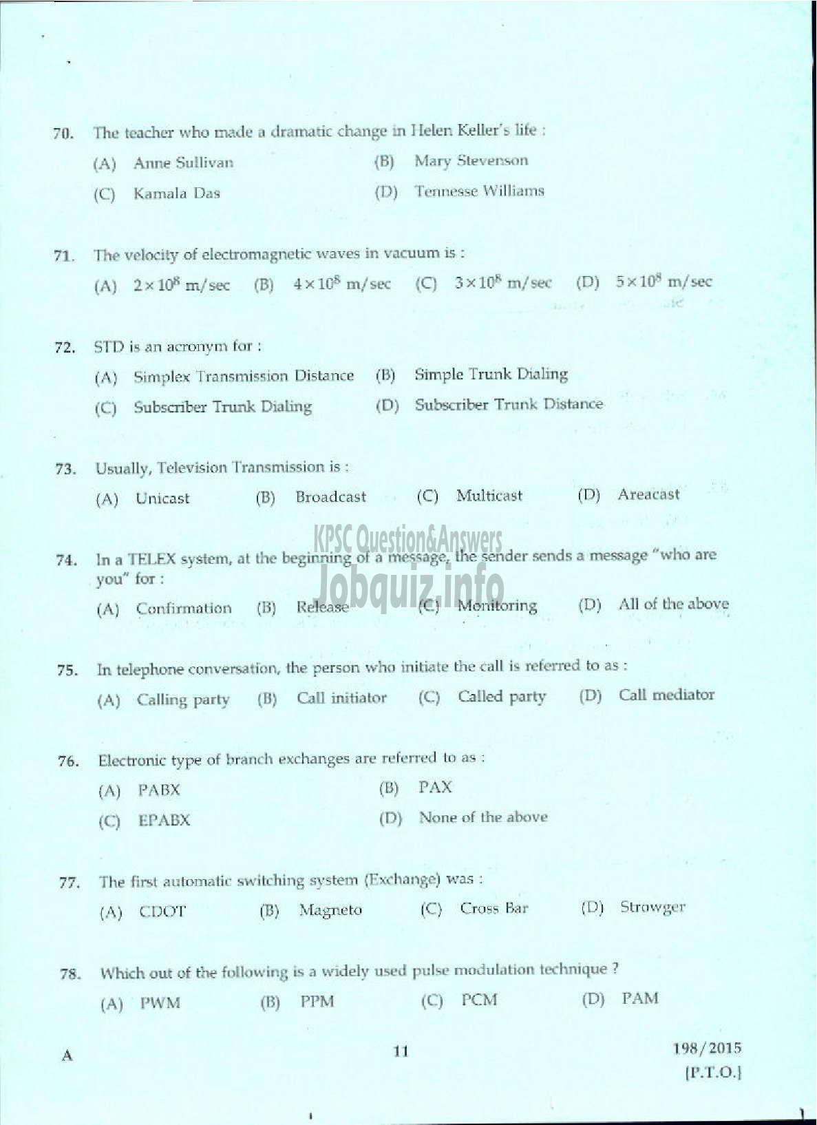 Kerala PSC Question Paper - TELEPHONE OPERATOR DCB/MCS-9