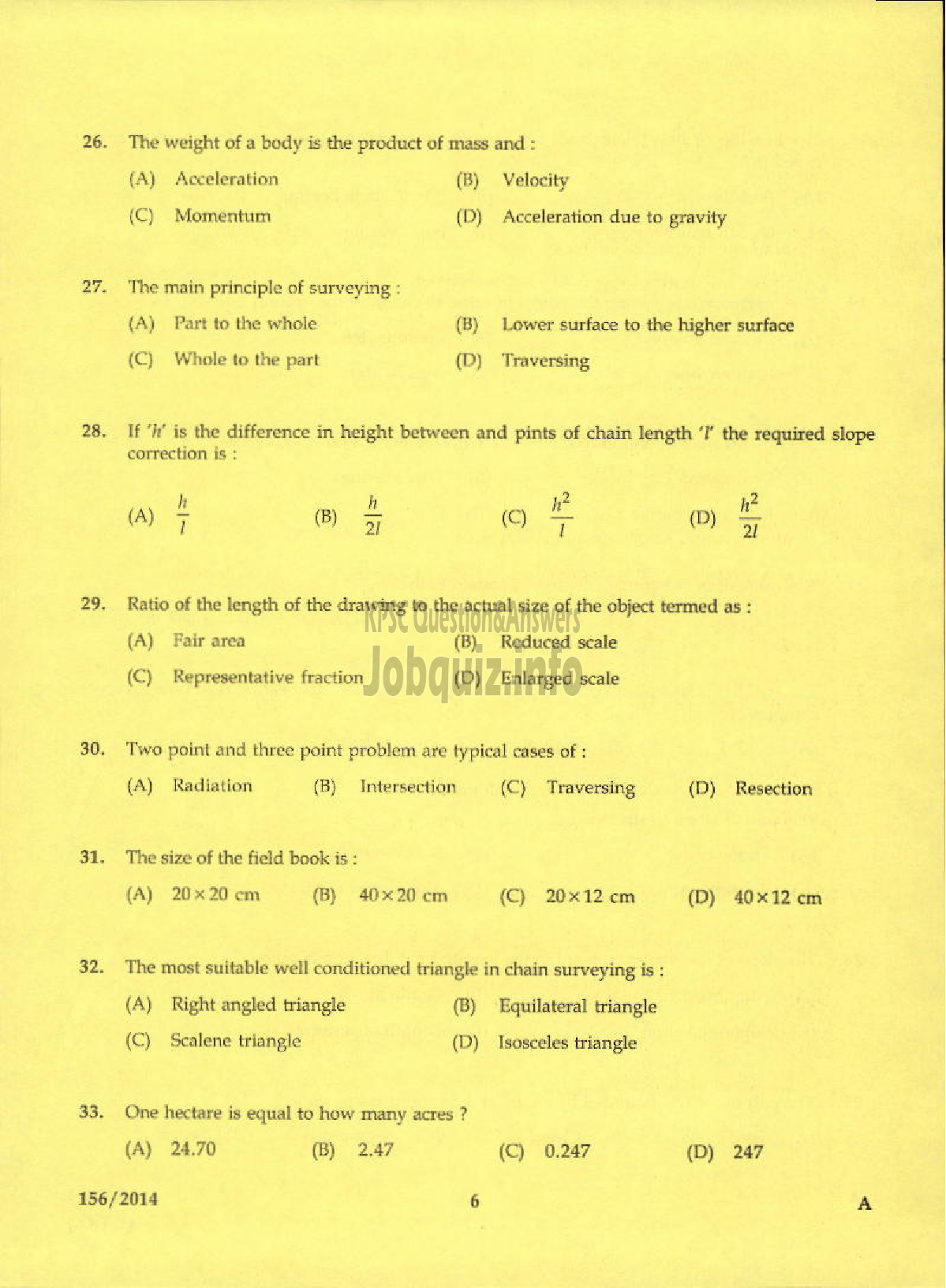 Kerala PSC Question Paper - TRACER SURVEY AND LAND RECORDS-4