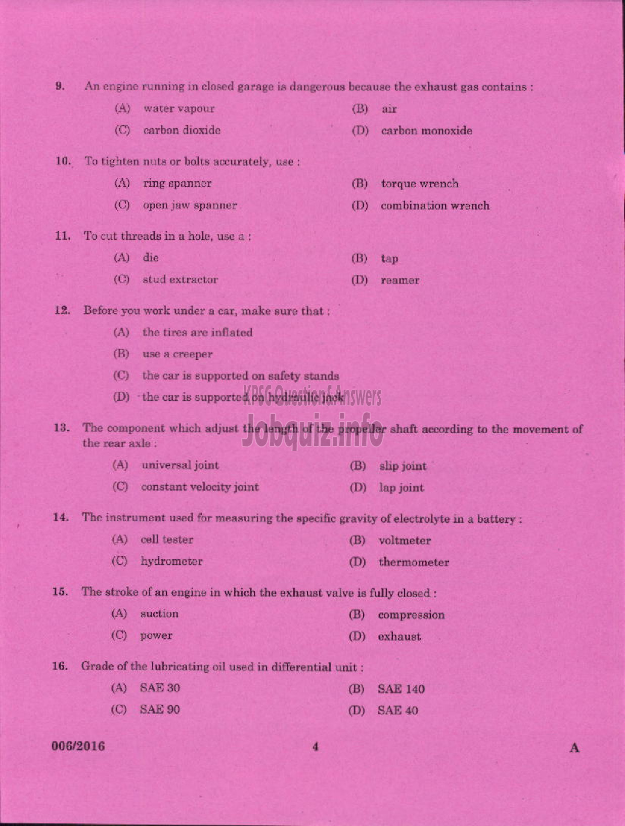 Kerala PSC Question Paper - TRADESMAN AUTOMOBILE HEAT ENGINES TECHNICAL EDUCATION-2