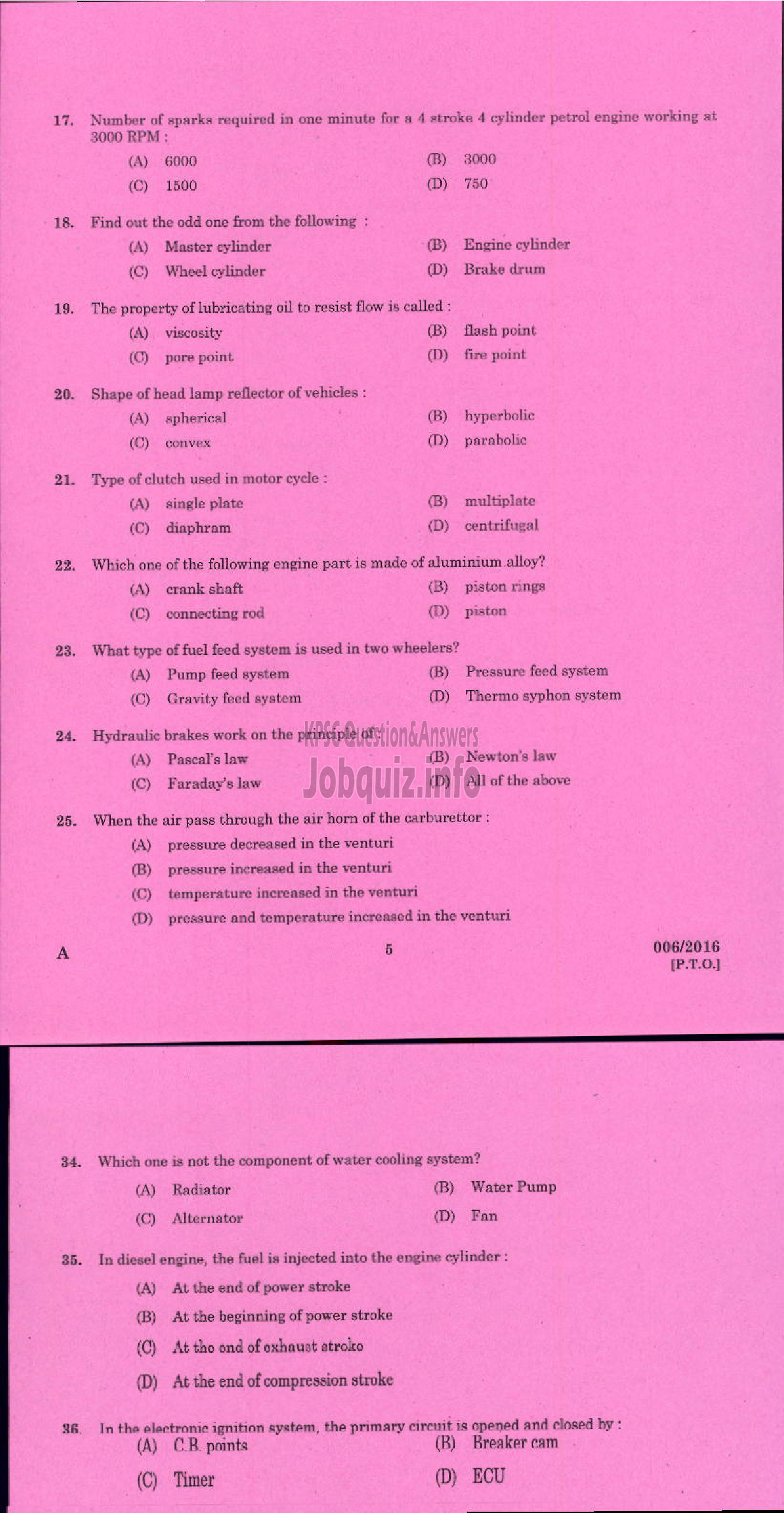 Kerala PSC Question Paper - TRADESMAN AUTOMOBILE HEAT ENGINES TECHNICAL EDUCATION-3