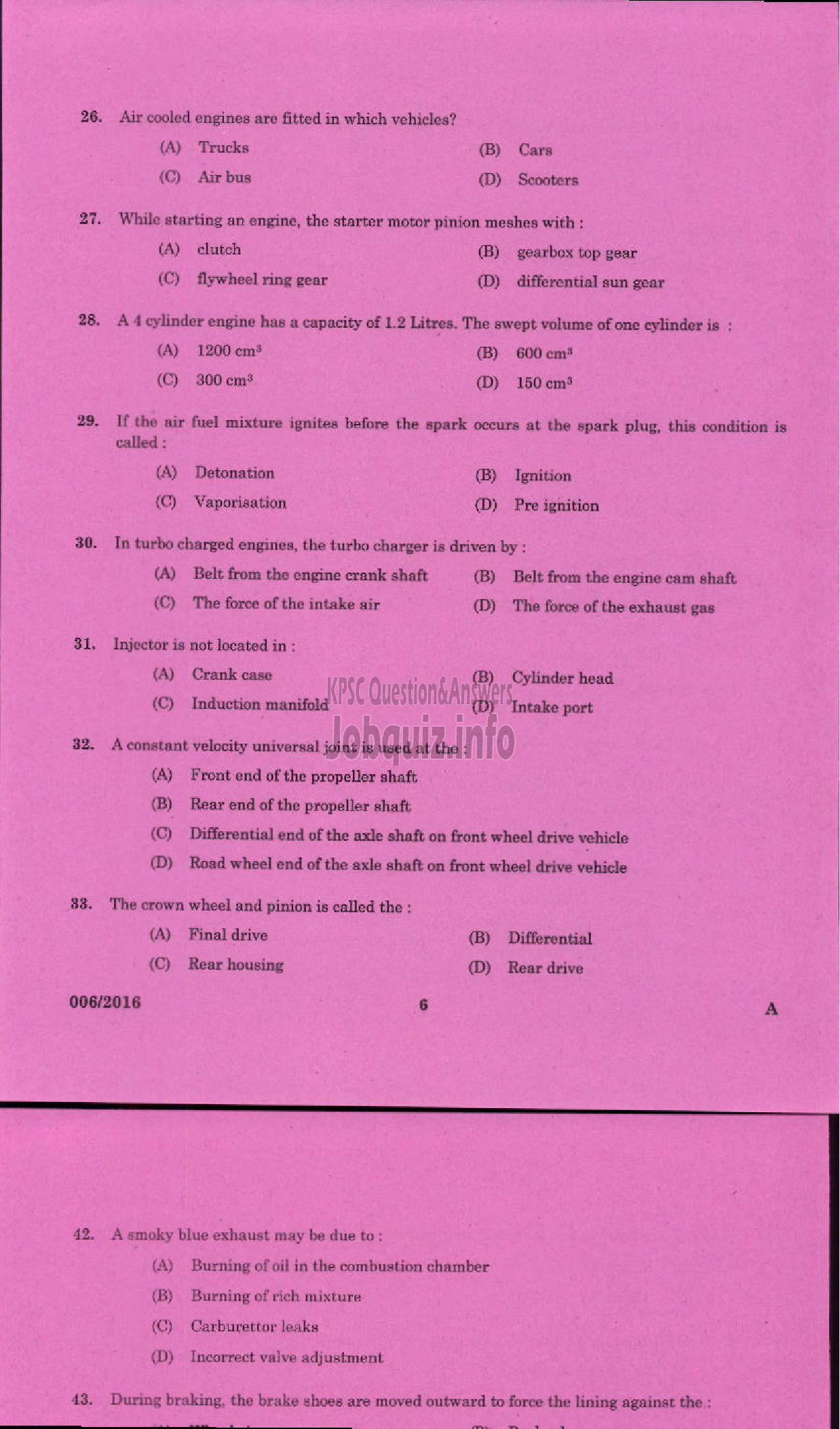 Kerala PSC Question Paper - TRADESMAN AUTOMOBILE HEAT ENGINES TECHNICAL EDUCATION-4