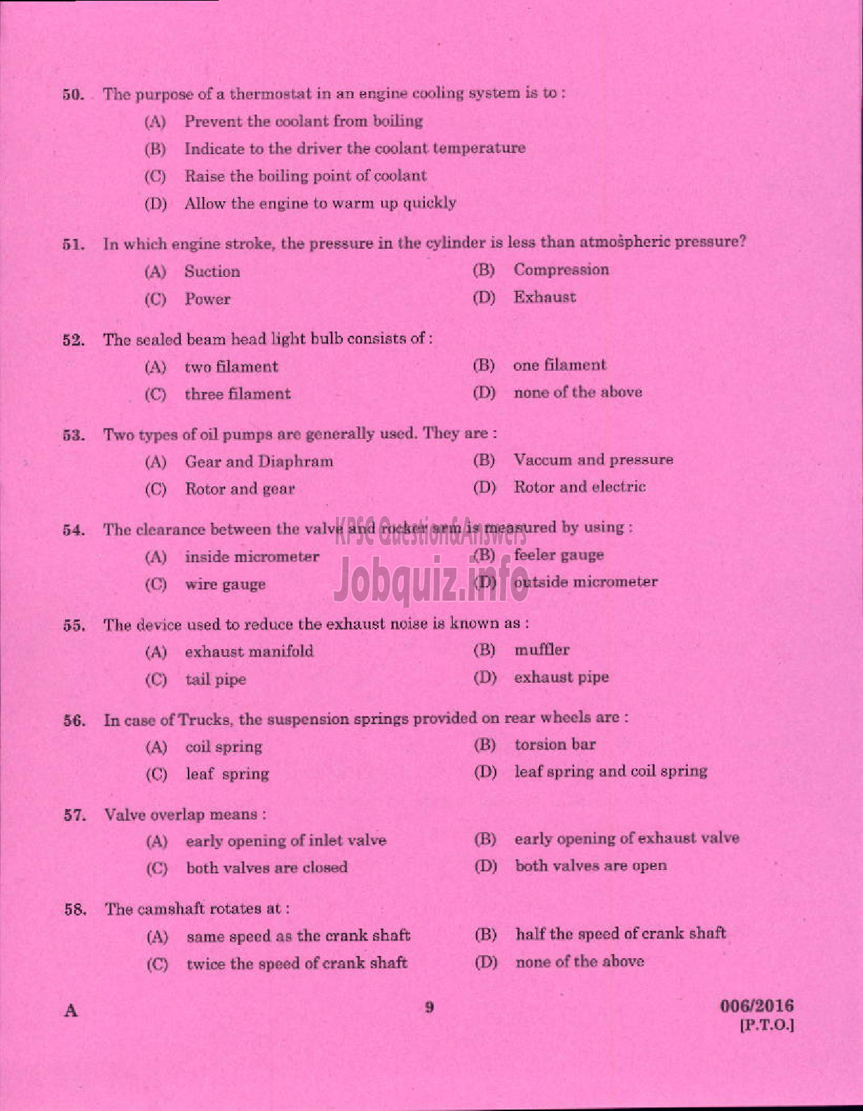 Kerala PSC Question Paper - TRADESMAN AUTOMOBILE HEAT ENGINES TECHNICAL EDUCATION-5