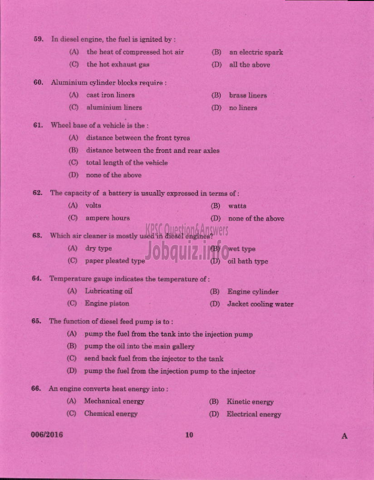 Kerala PSC Question Paper - TRADESMAN AUTOMOBILE HEAT ENGINES TECHNICAL EDUCATION-6