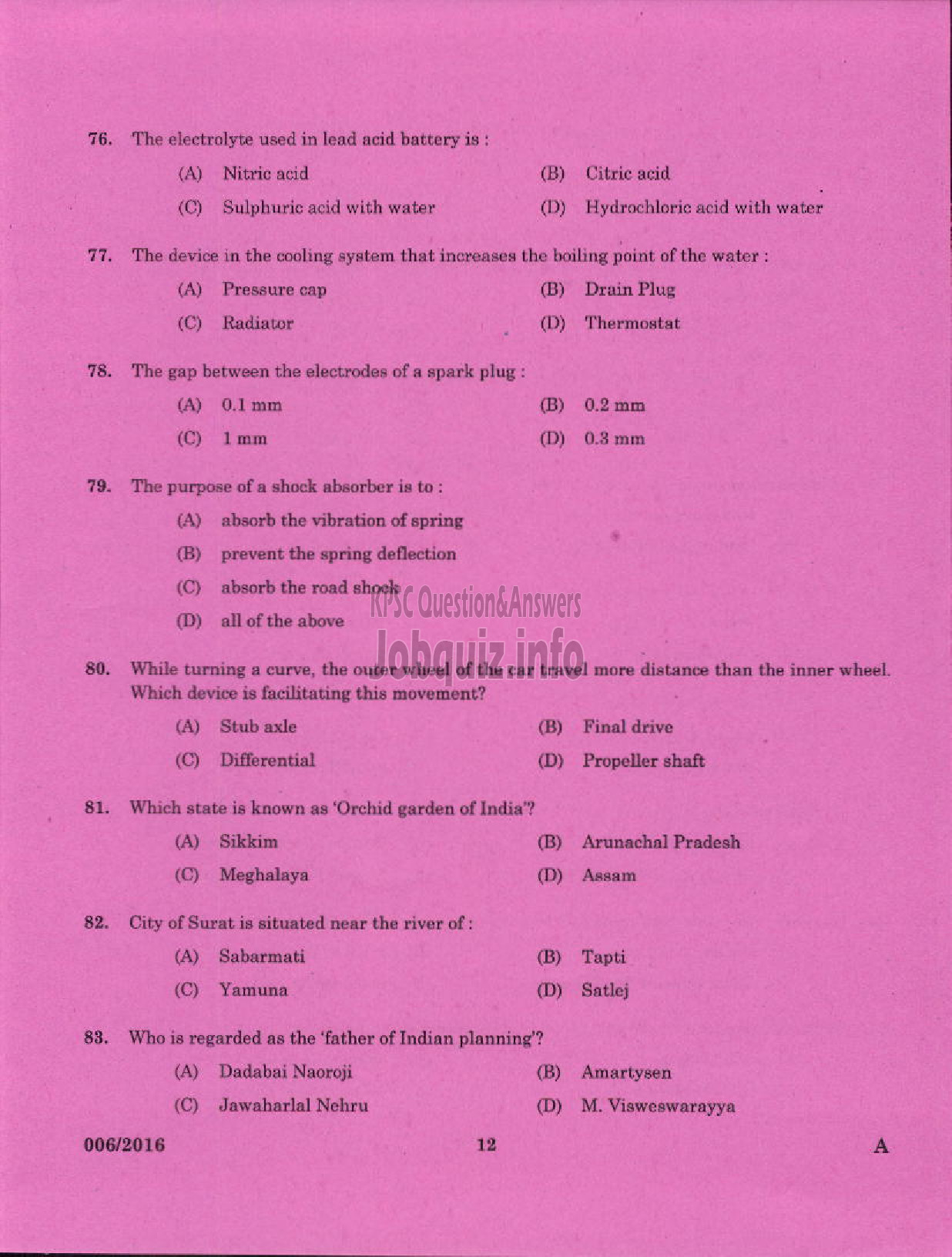 Kerala PSC Question Paper - TRADESMAN AUTOMOBILE HEAT ENGINES TECHNICAL EDUCATION-8